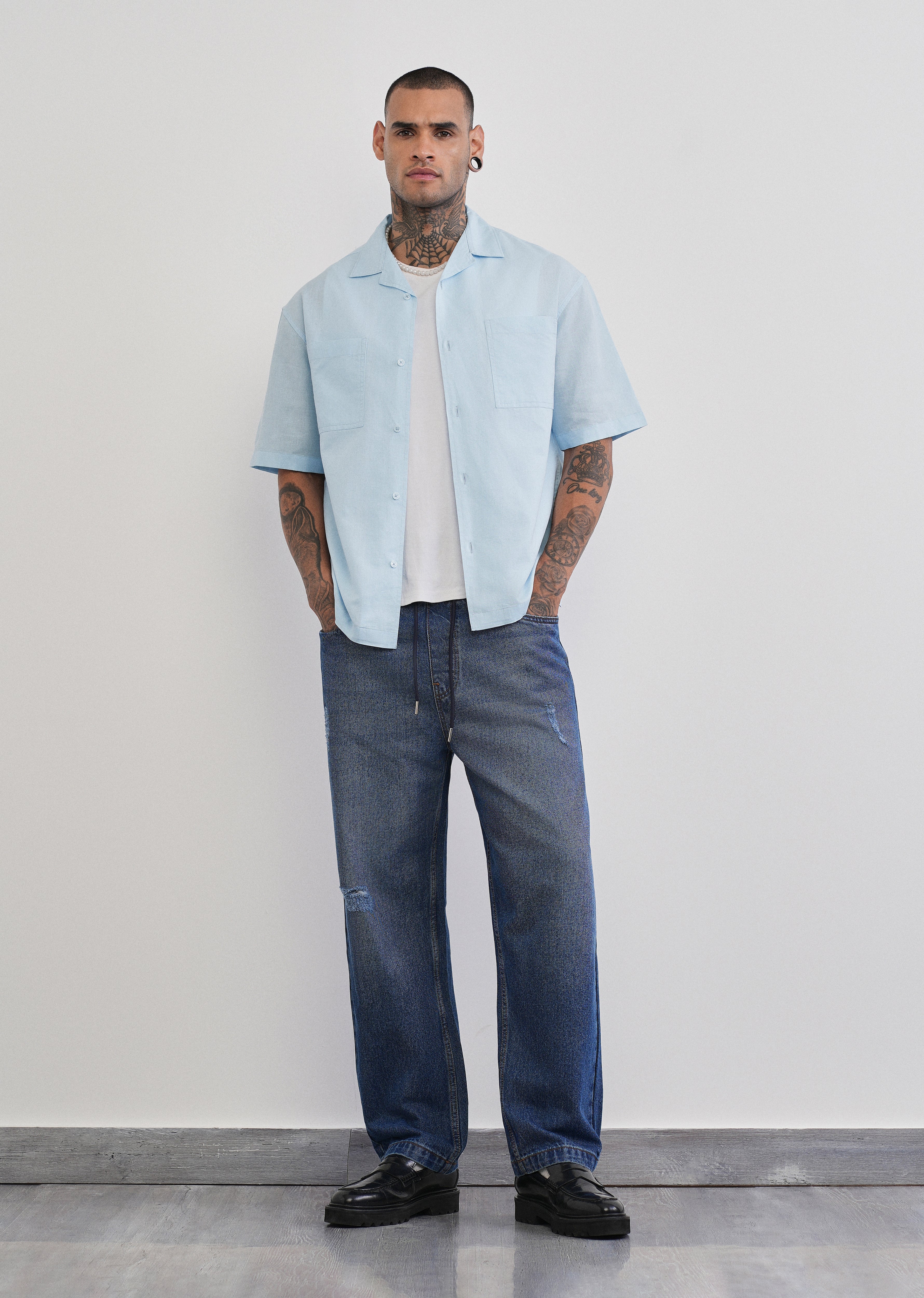 Blue Double Pocket Cotton Linen Shirt
