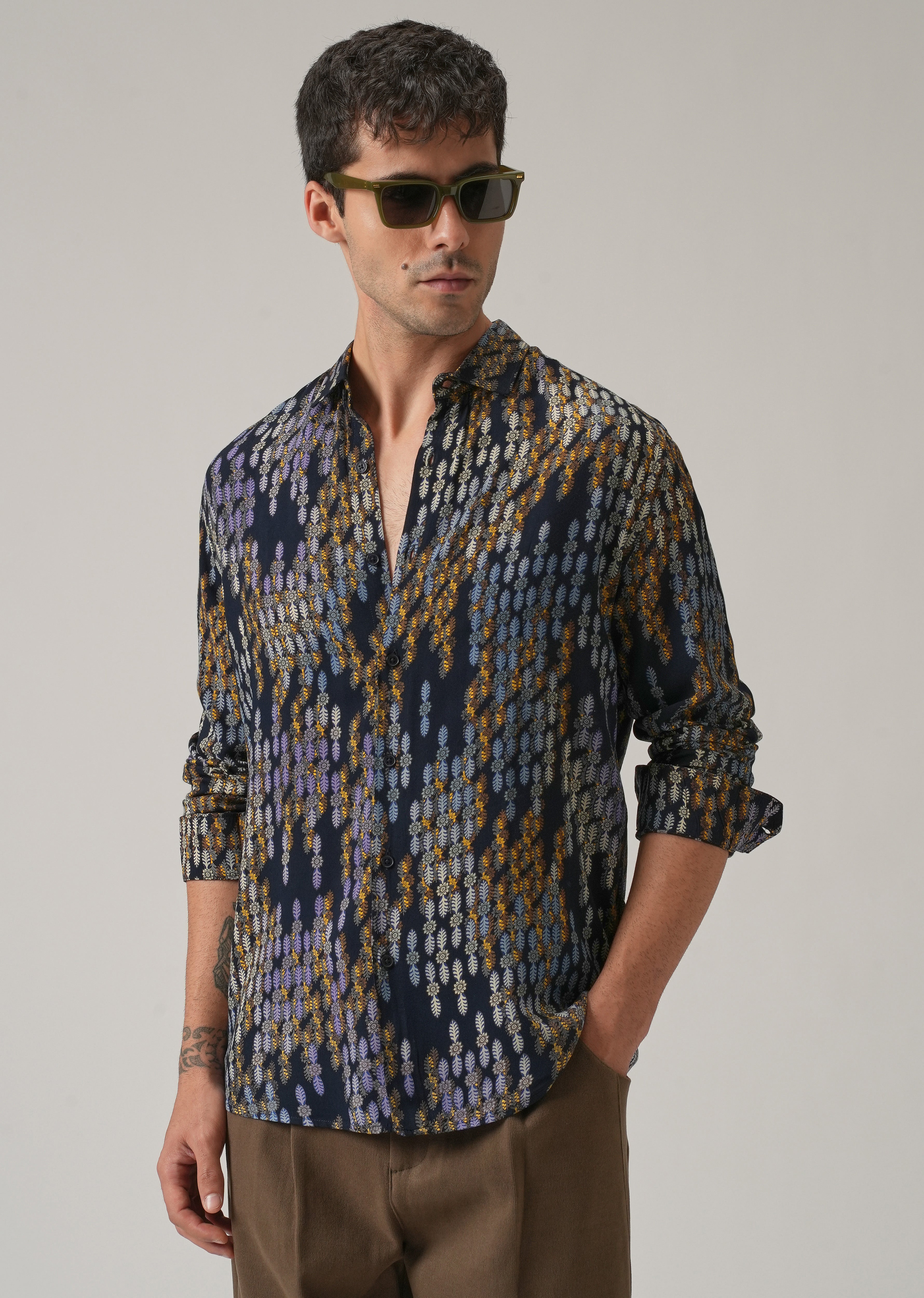 Blue Ethnic Print Feather Shirt