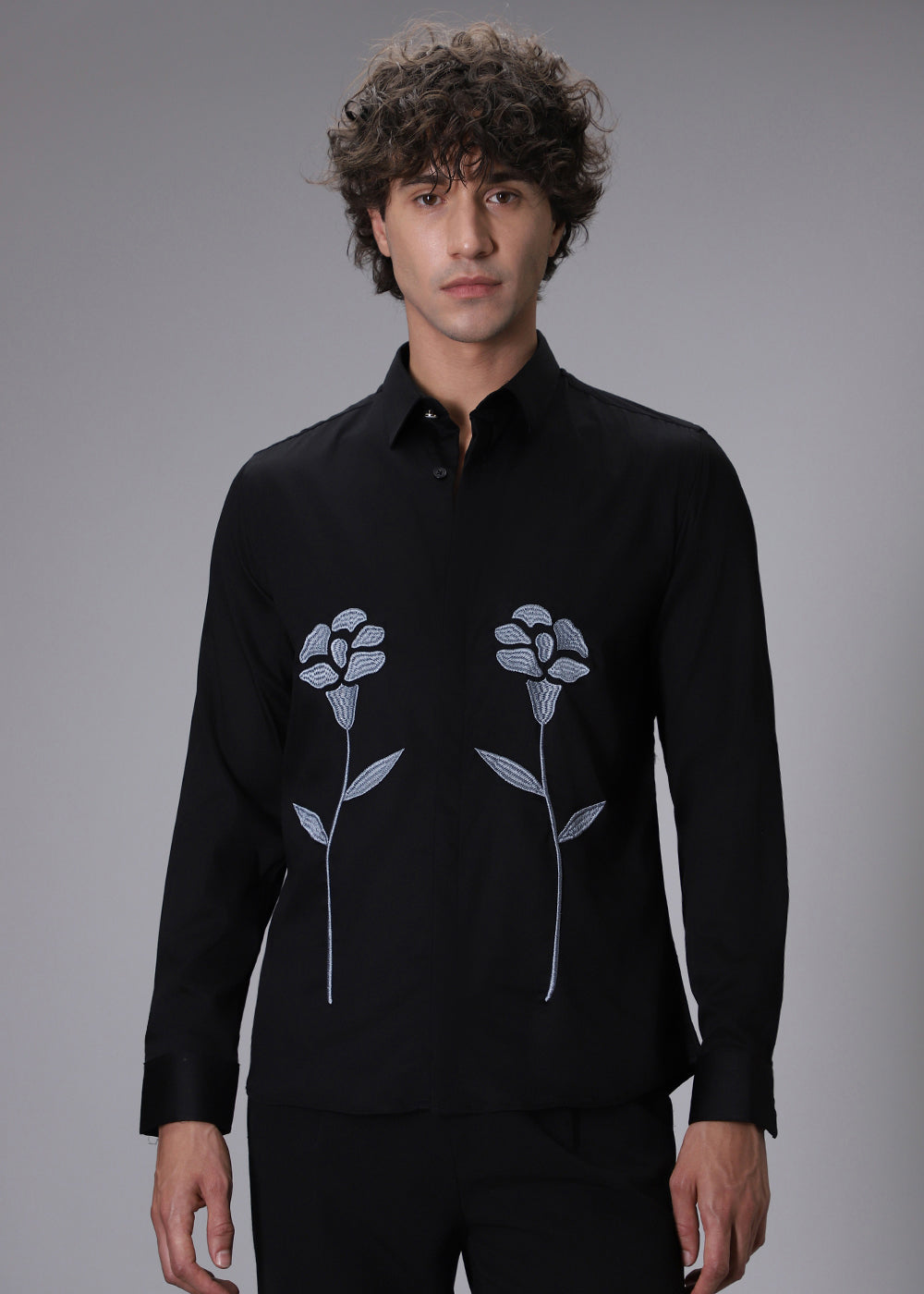Blue Floral Embroidery Black Designer Shirt