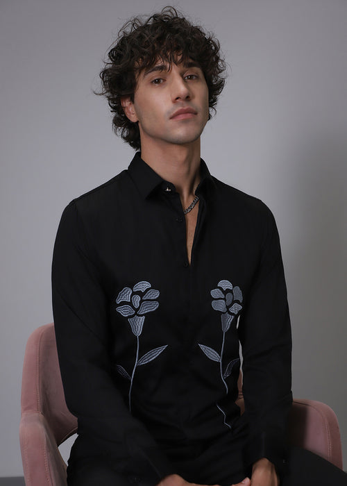 Blue Floral Embroidery Black Designer Shirt