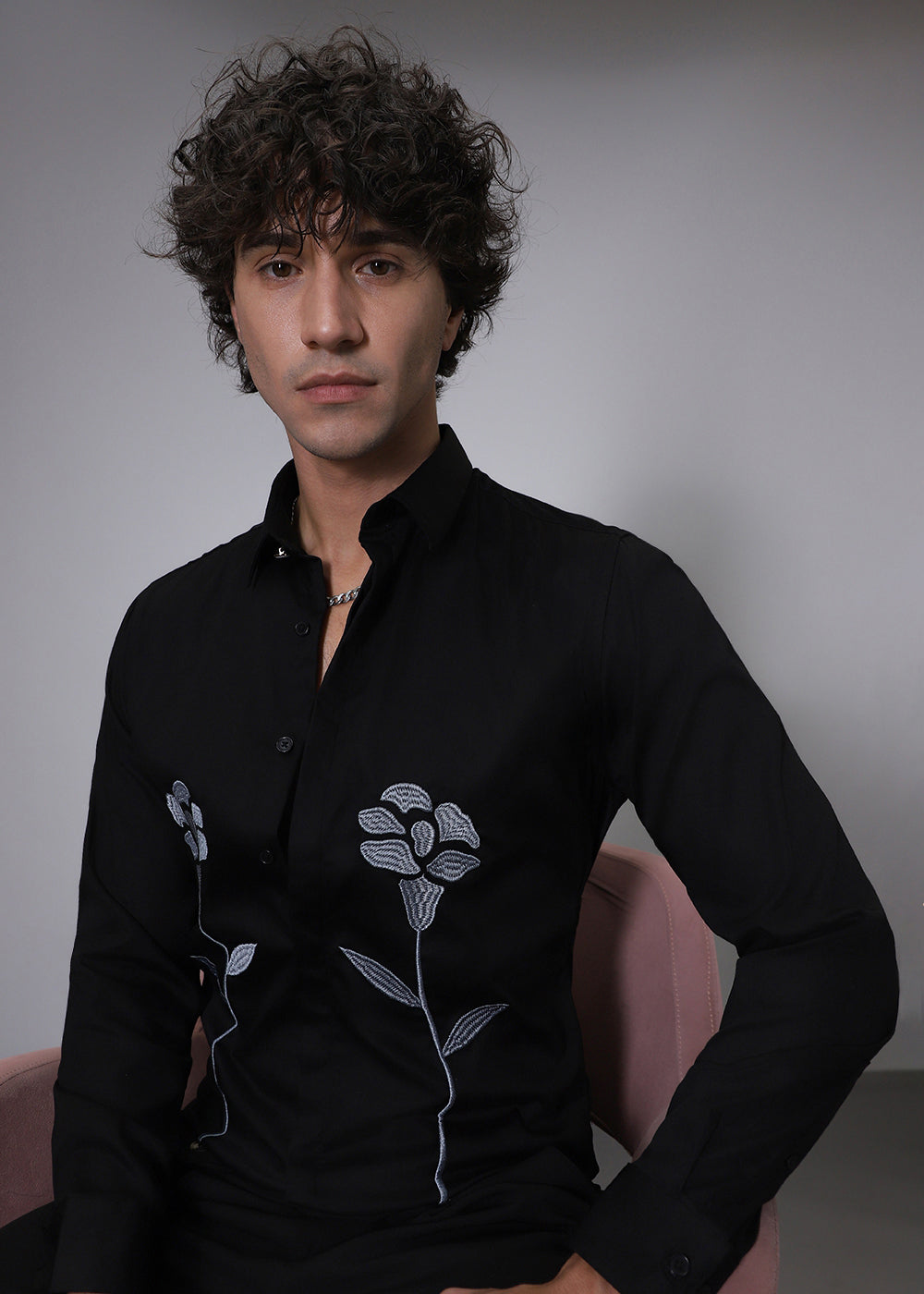 Blue Floral Embroidery Black Designer Shirt