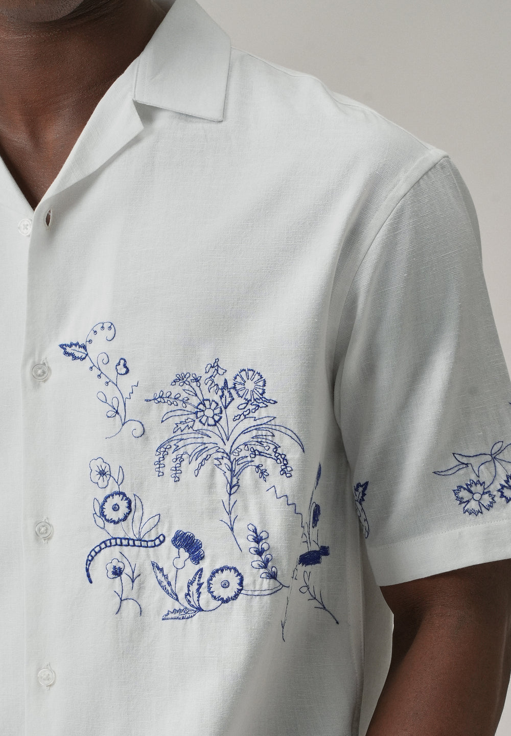 Blue Floral Embroidery Linen Shirt