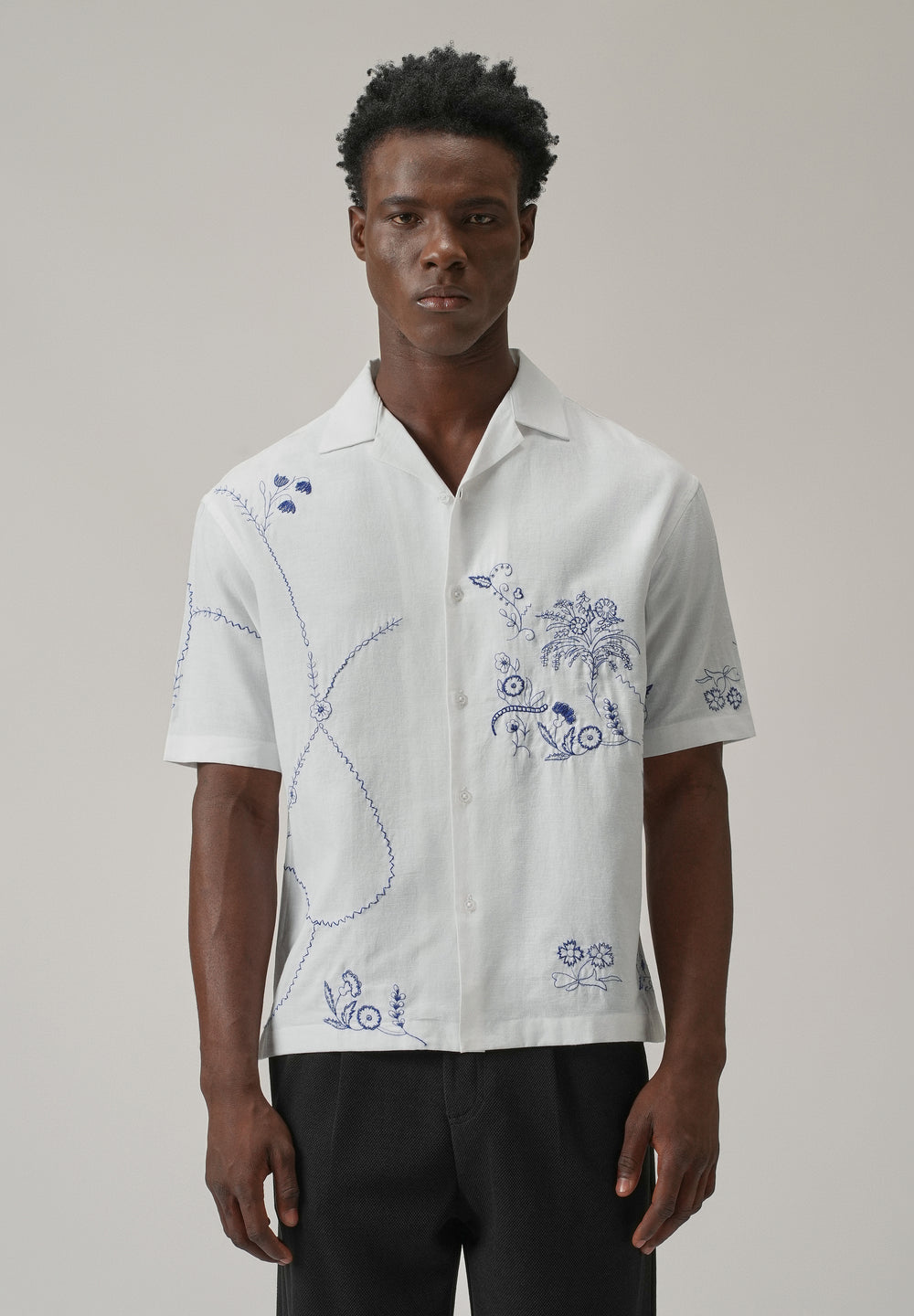 Blue Floral Embroidery Linen Shirt