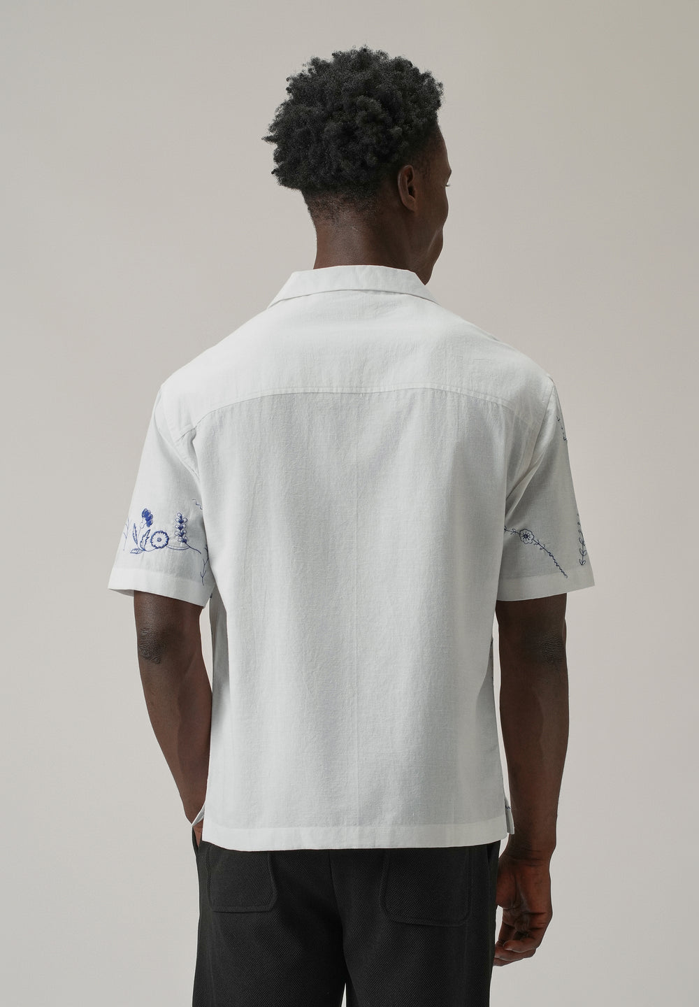 Blue Floral Embroidery Linen Shirt