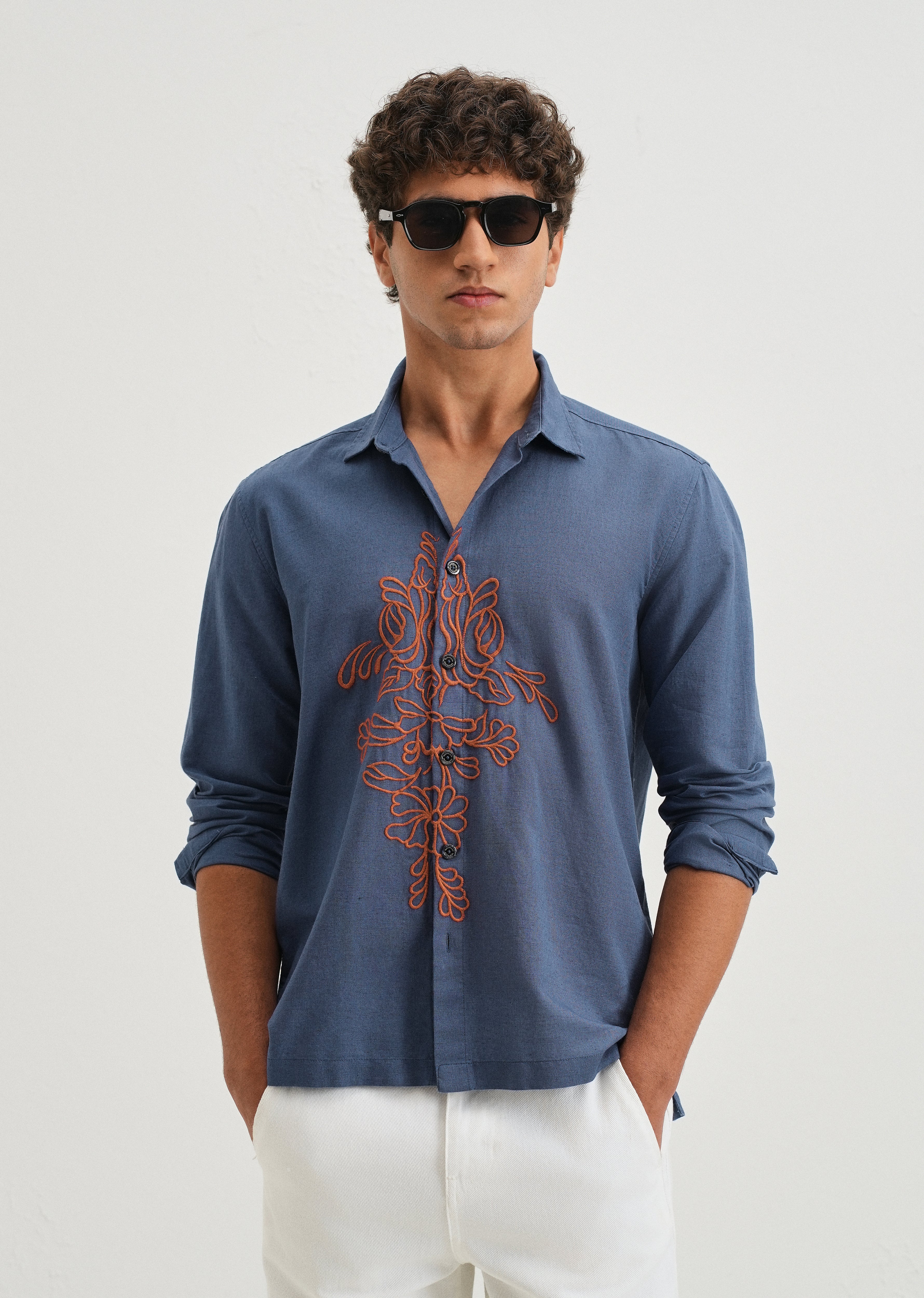 Blue Floral Embroidery Shirt