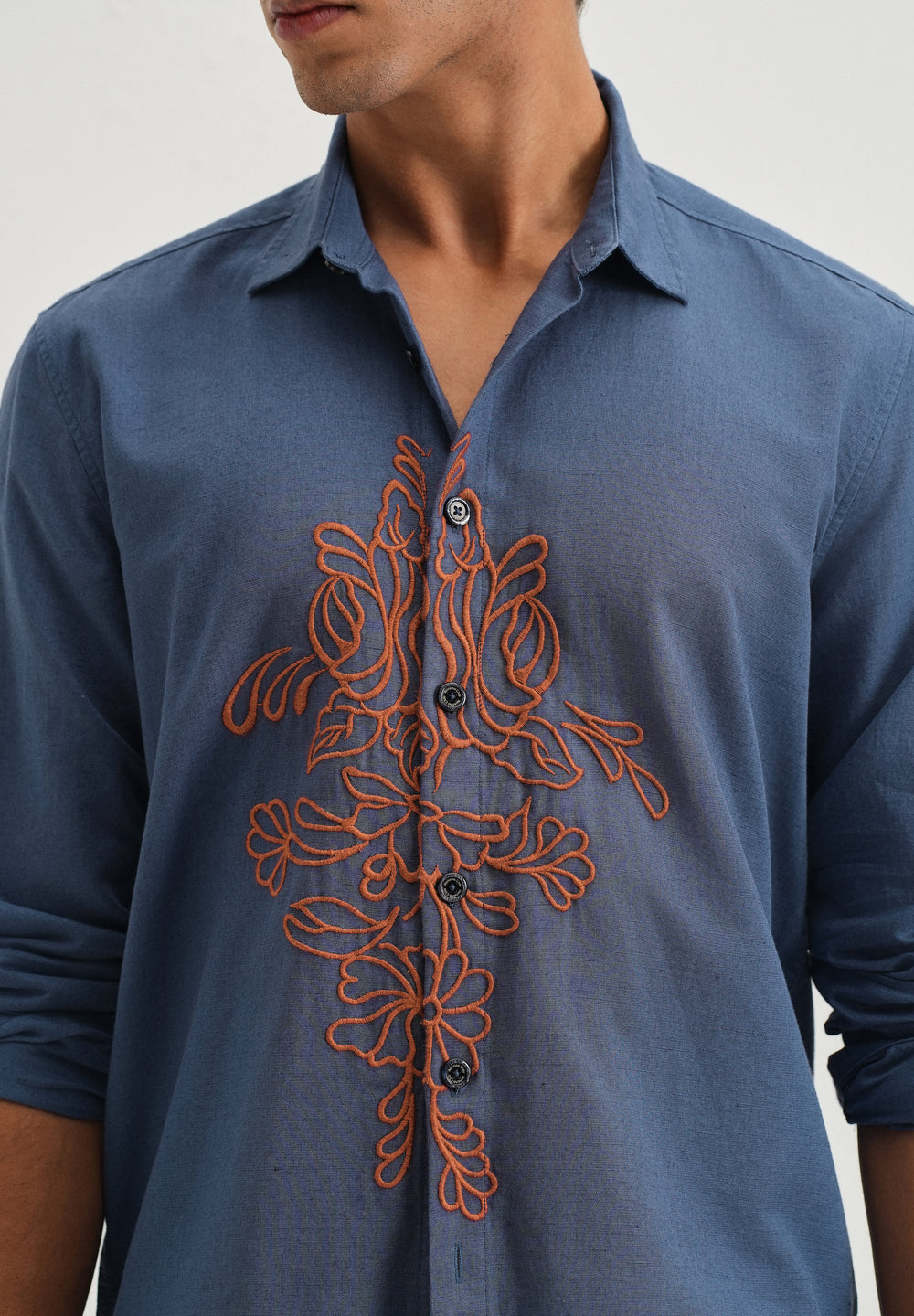 Blue Floral Embroidery Shirt
