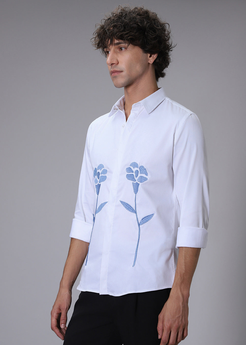 Blue Floral Embroidery White Designer Shirt