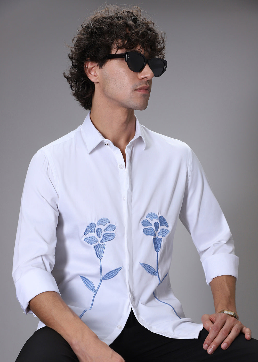 Blue Floral Embroidery White Designer Shirt
