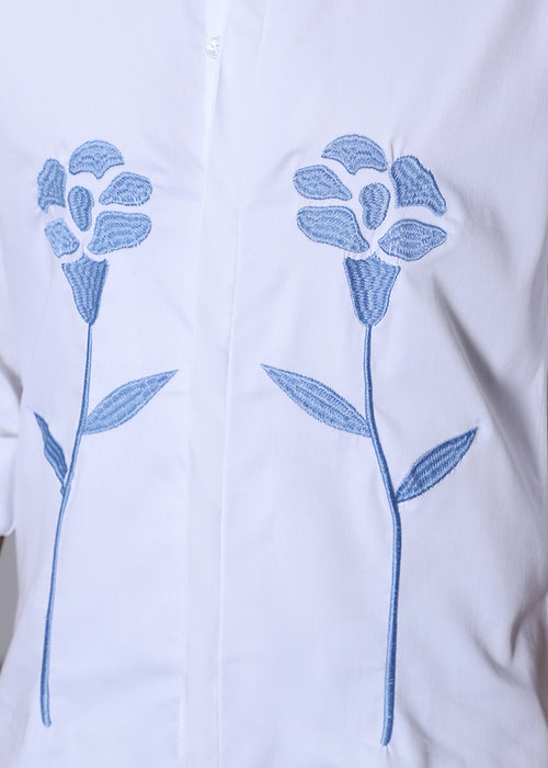 Blue Floral Embroidery White Designer Shirt