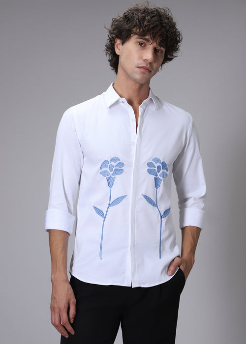 Blue Floral Embroidery White Designer Shirt