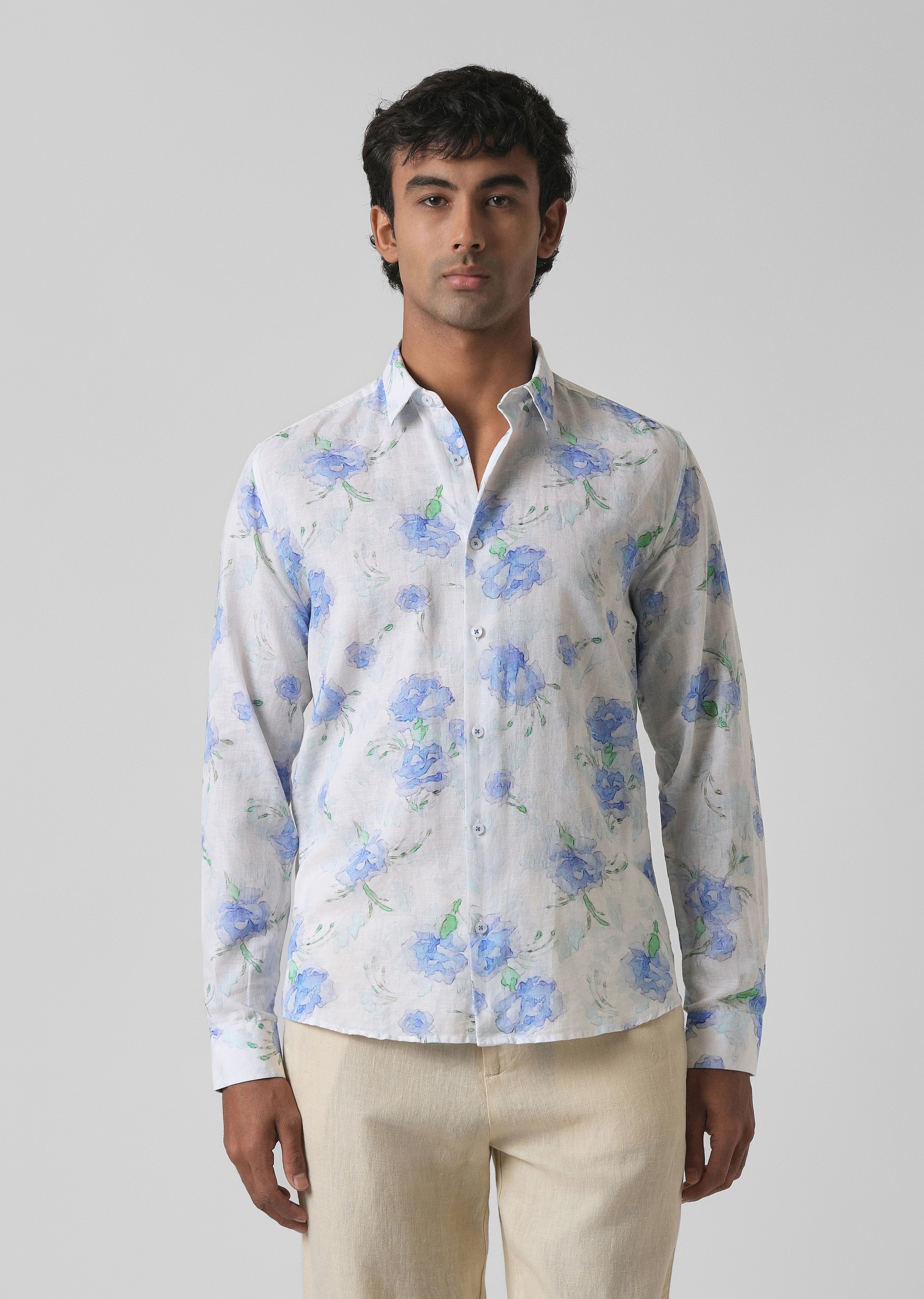 Blue Floral Printed Cotton Linen Shirt