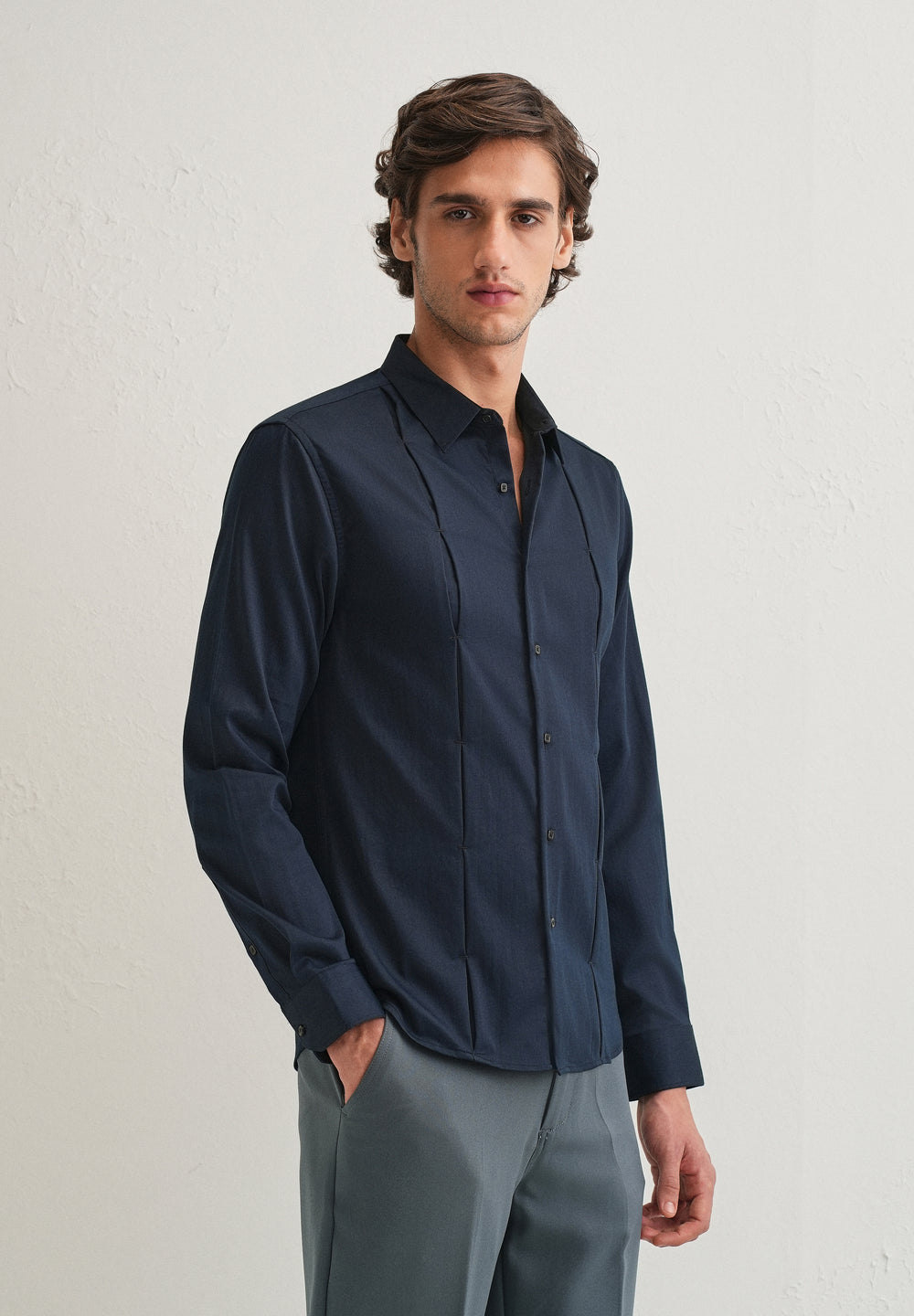 Blue Front Panel Open Pleat Shirt