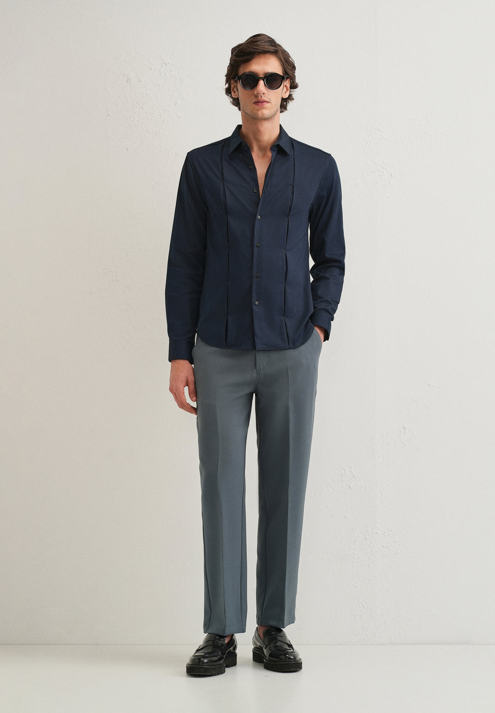 Blue Front Panel Open Pleat Shirt