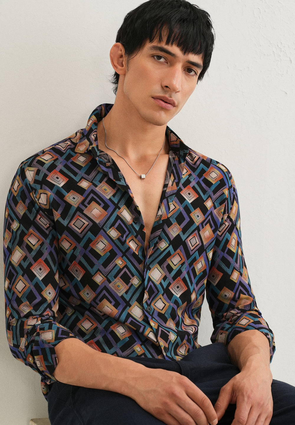 Blue Geometric Feather Shirt