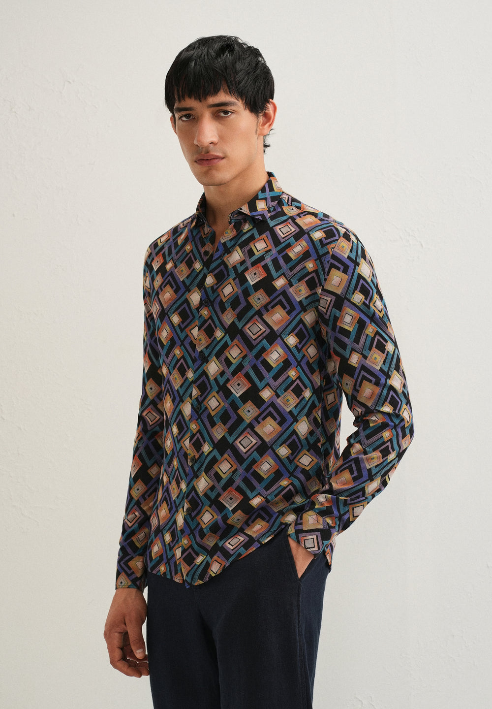 Blue Geometric Feather Shirt