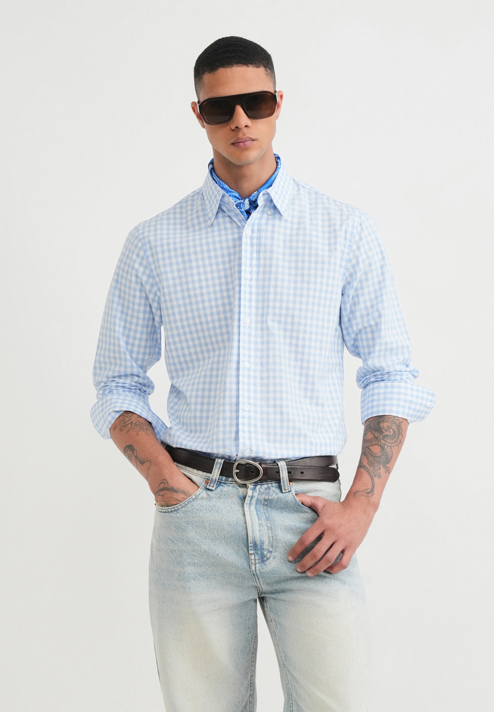 Blue Gingham Check Cotton Shirt