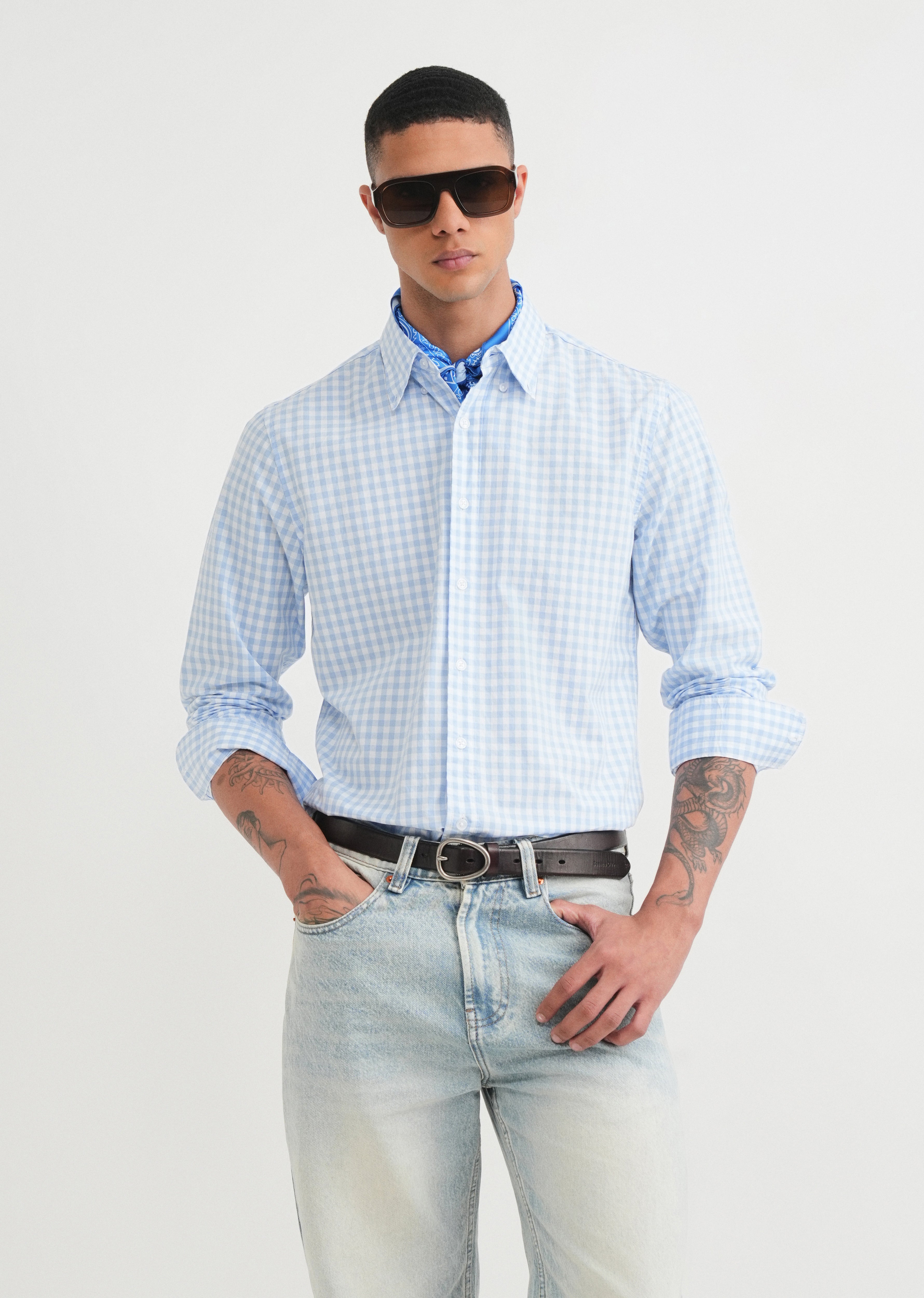 Blue Gingham Check Cotton Shirt