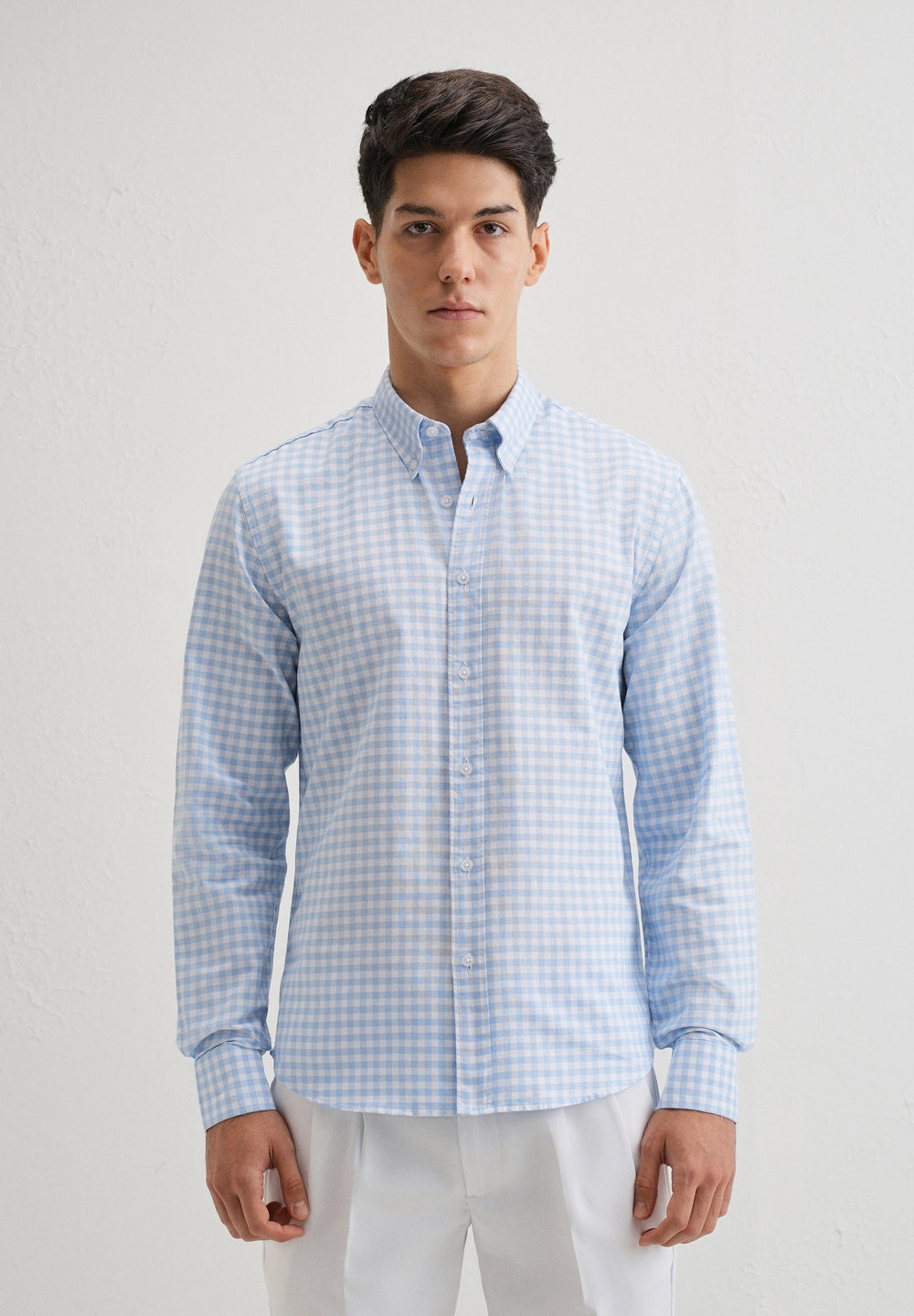 Blue Gingham Check Cotton Oxford Shirt