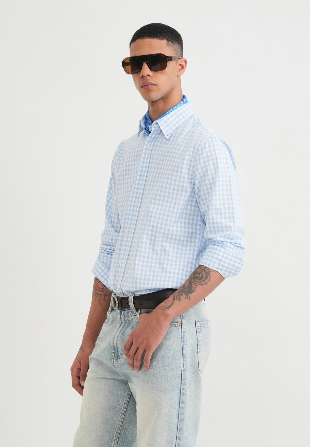 Blue Gingham Check Cotton Shirt