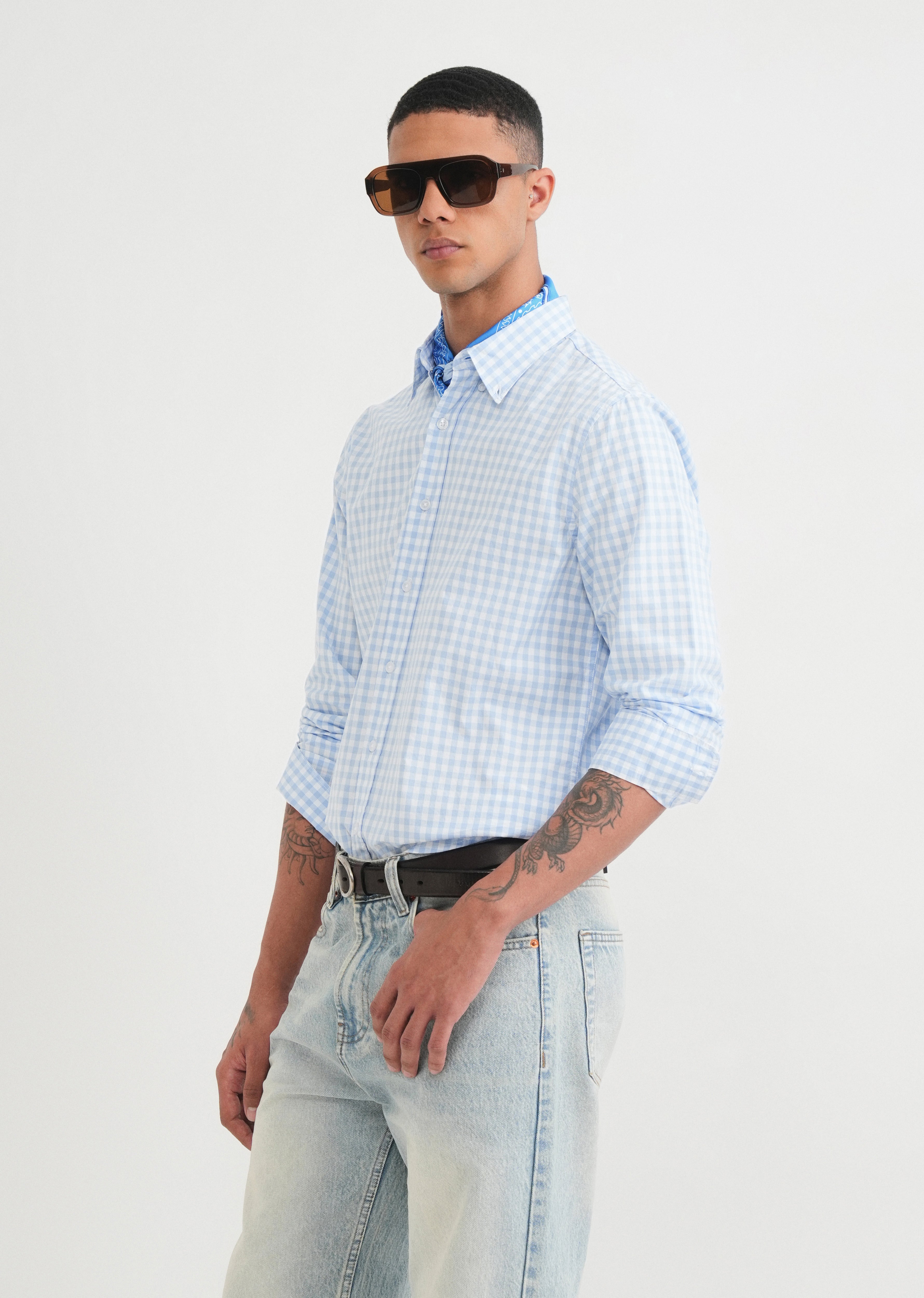 Blue Gingham Check Cotton Shirt