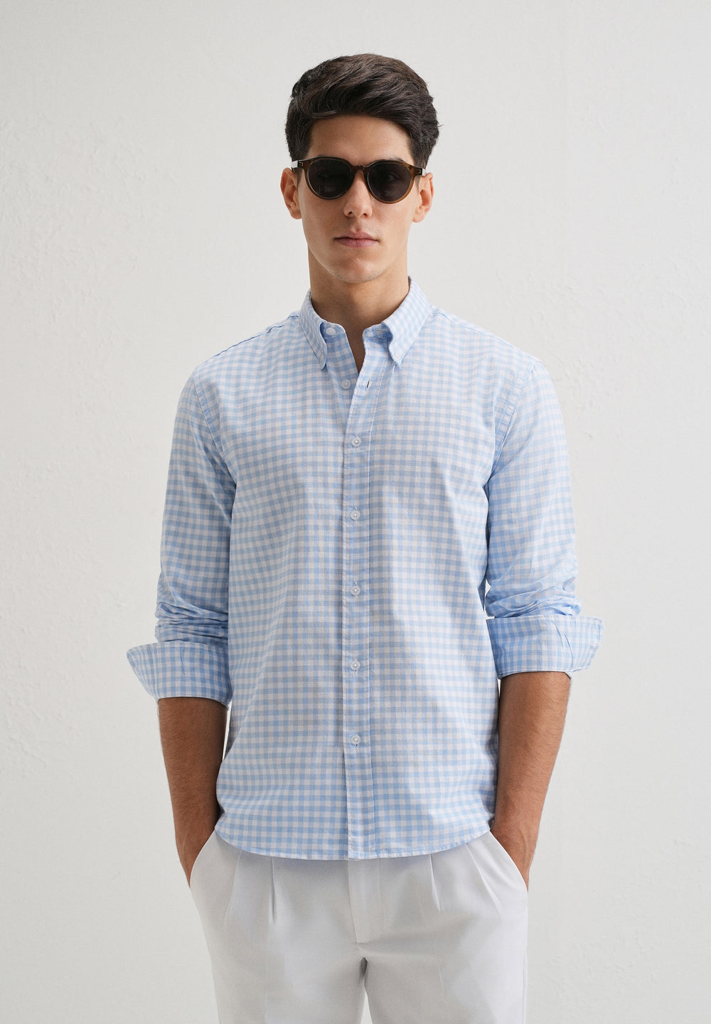 Blue Gingham Check Cotton Oxford Shirt