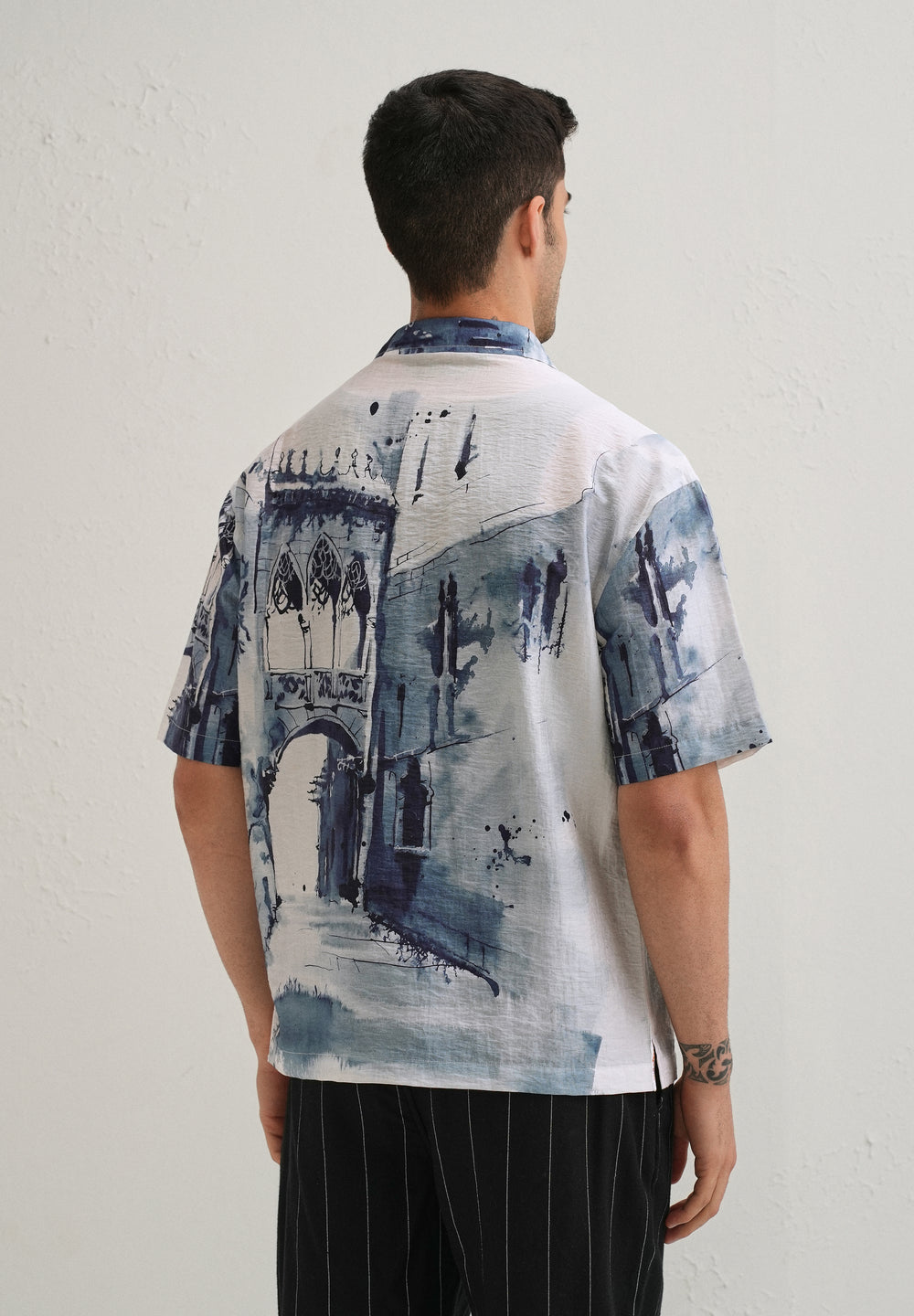 Blue Ink Wash Placement Print Shirt