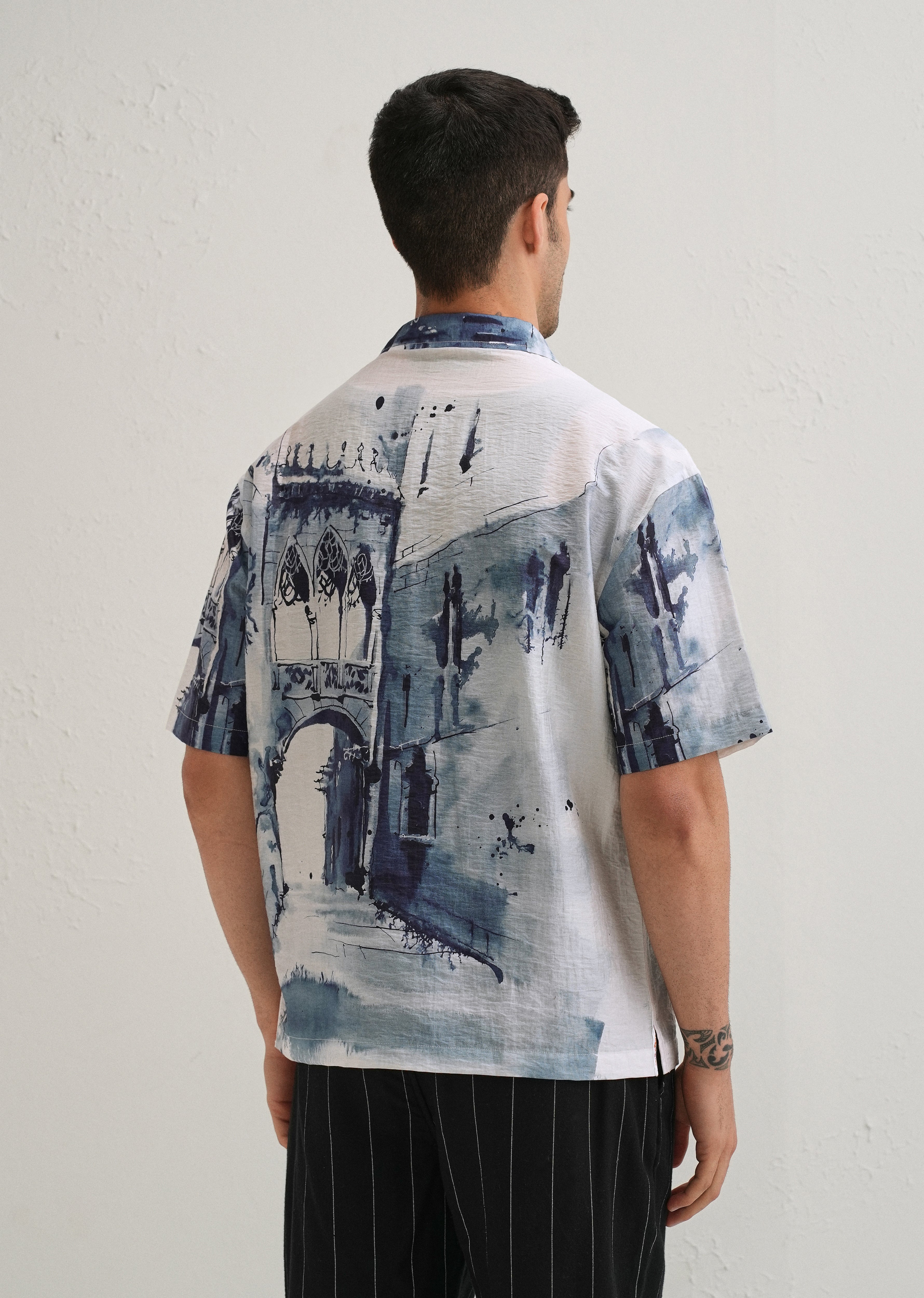 Blue Ink Wash Placement Print Shirt