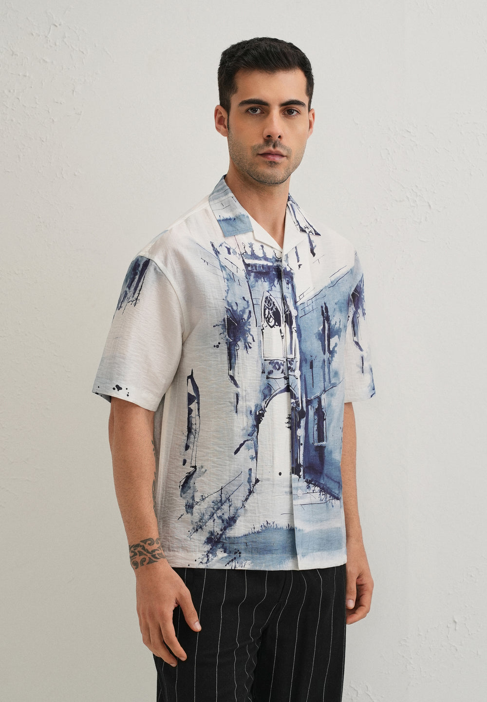 Blue Ink Wash Placement Print Shirt
