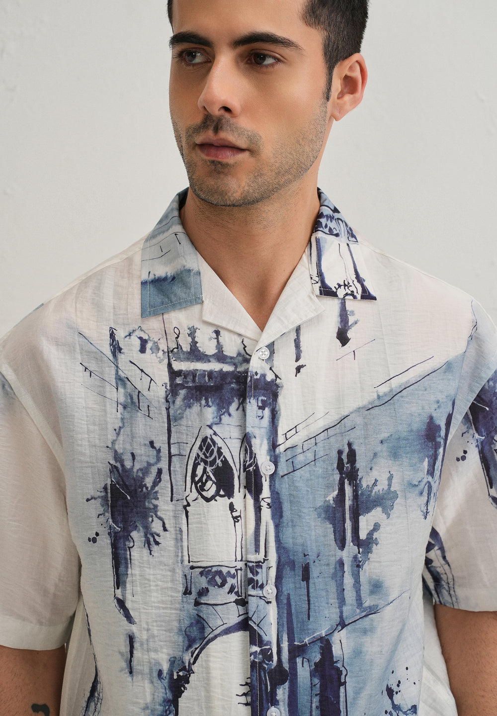 Blue Ink Wash Placement Print Shirt