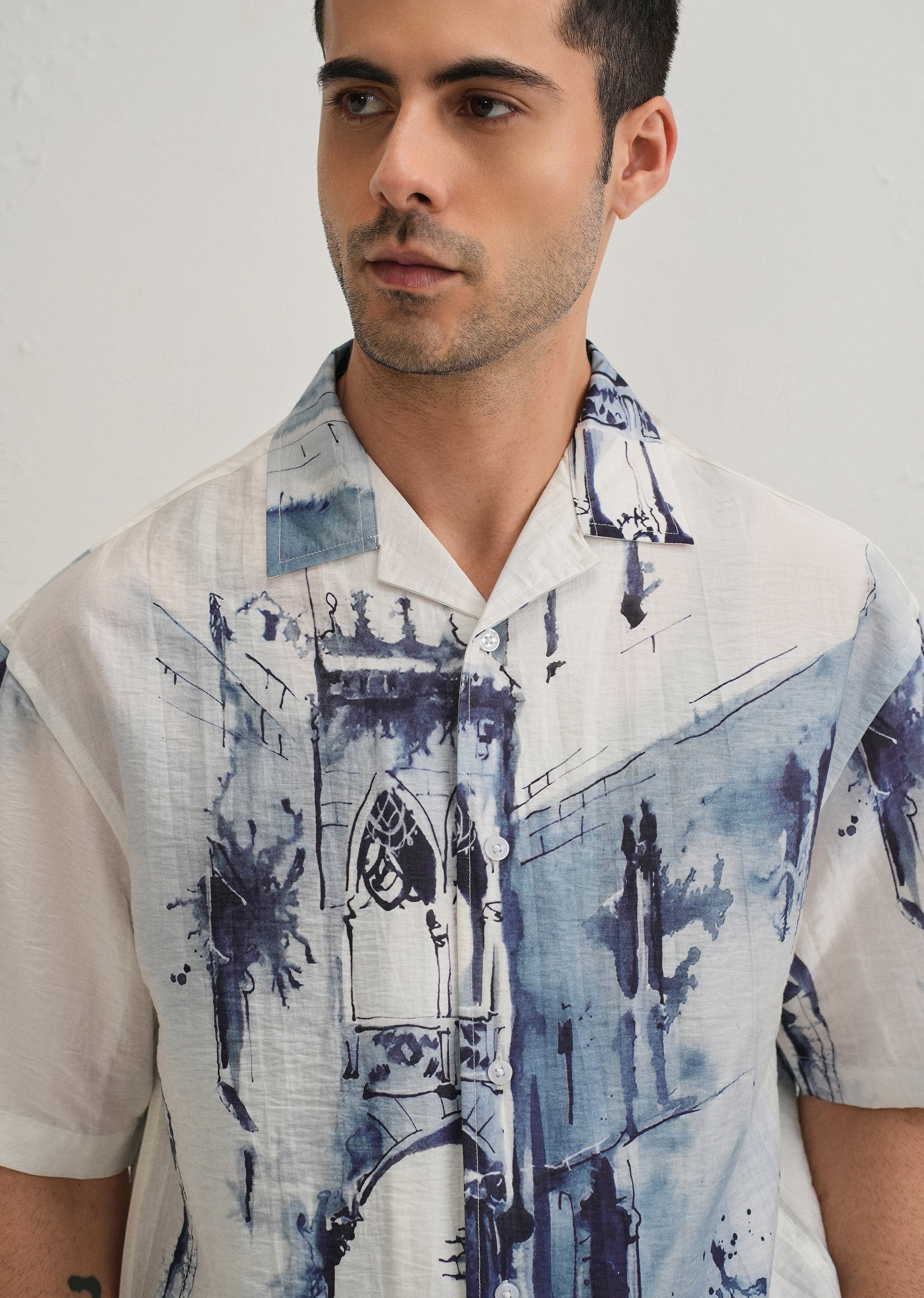 Blue Ink Wash Placement Print Shirt