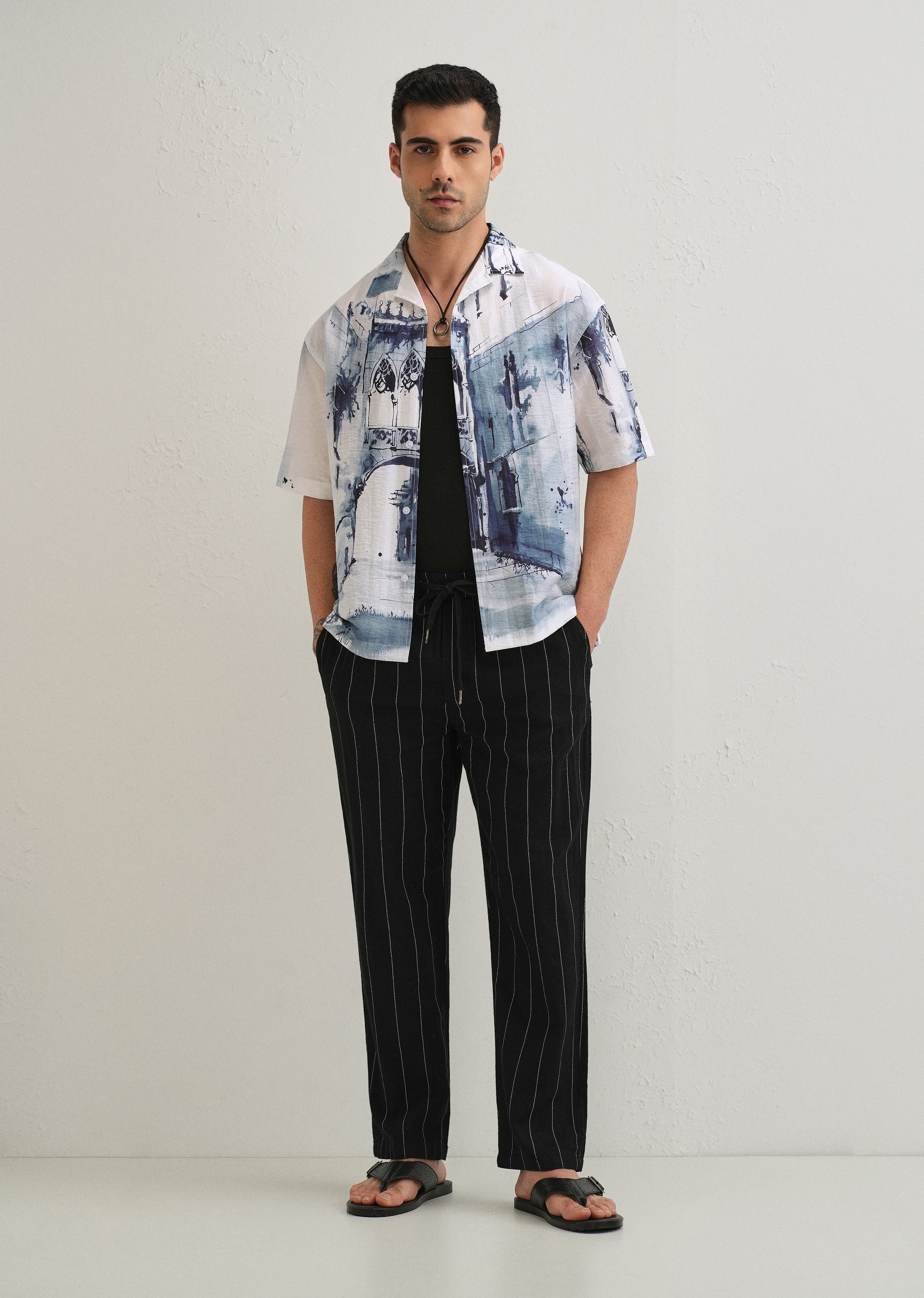 Blue Ink Wash Placement Print Shirt