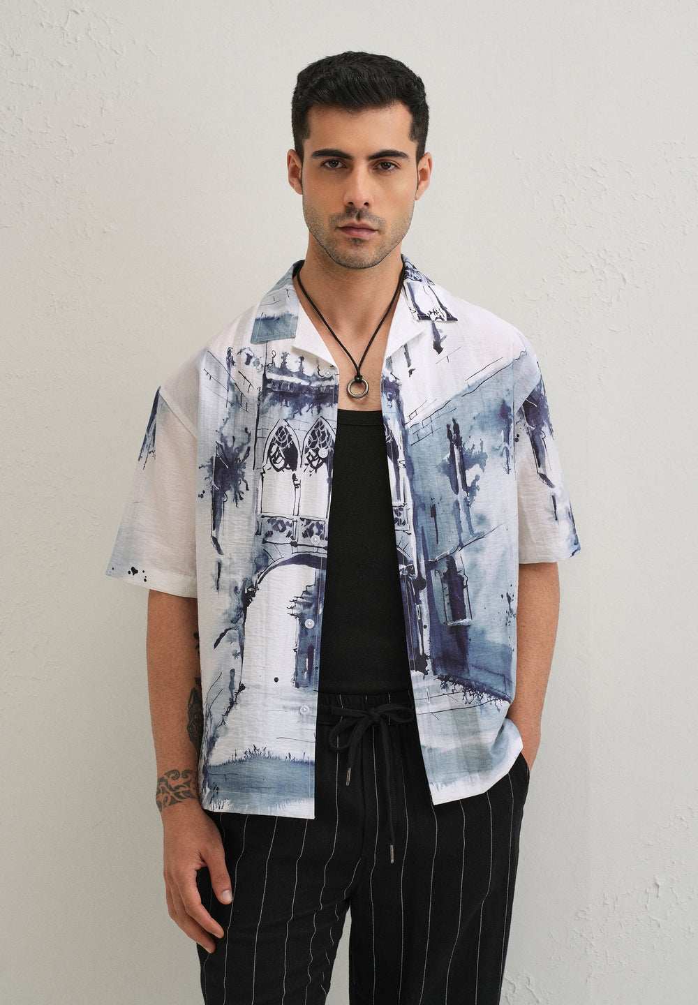 Blue Ink Wash Placement Print Shirt