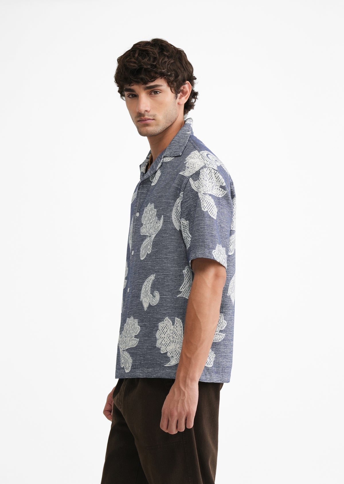 Blue Jacquard Floral Boxy Shirt