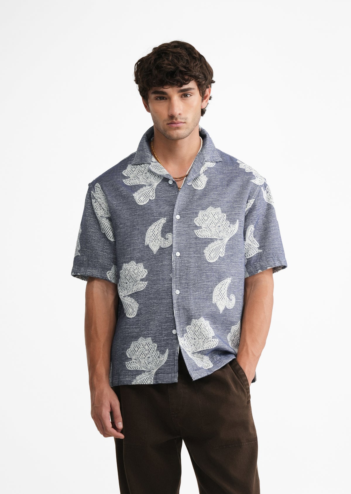 Blue Jacquard Floral Boxy Shirt