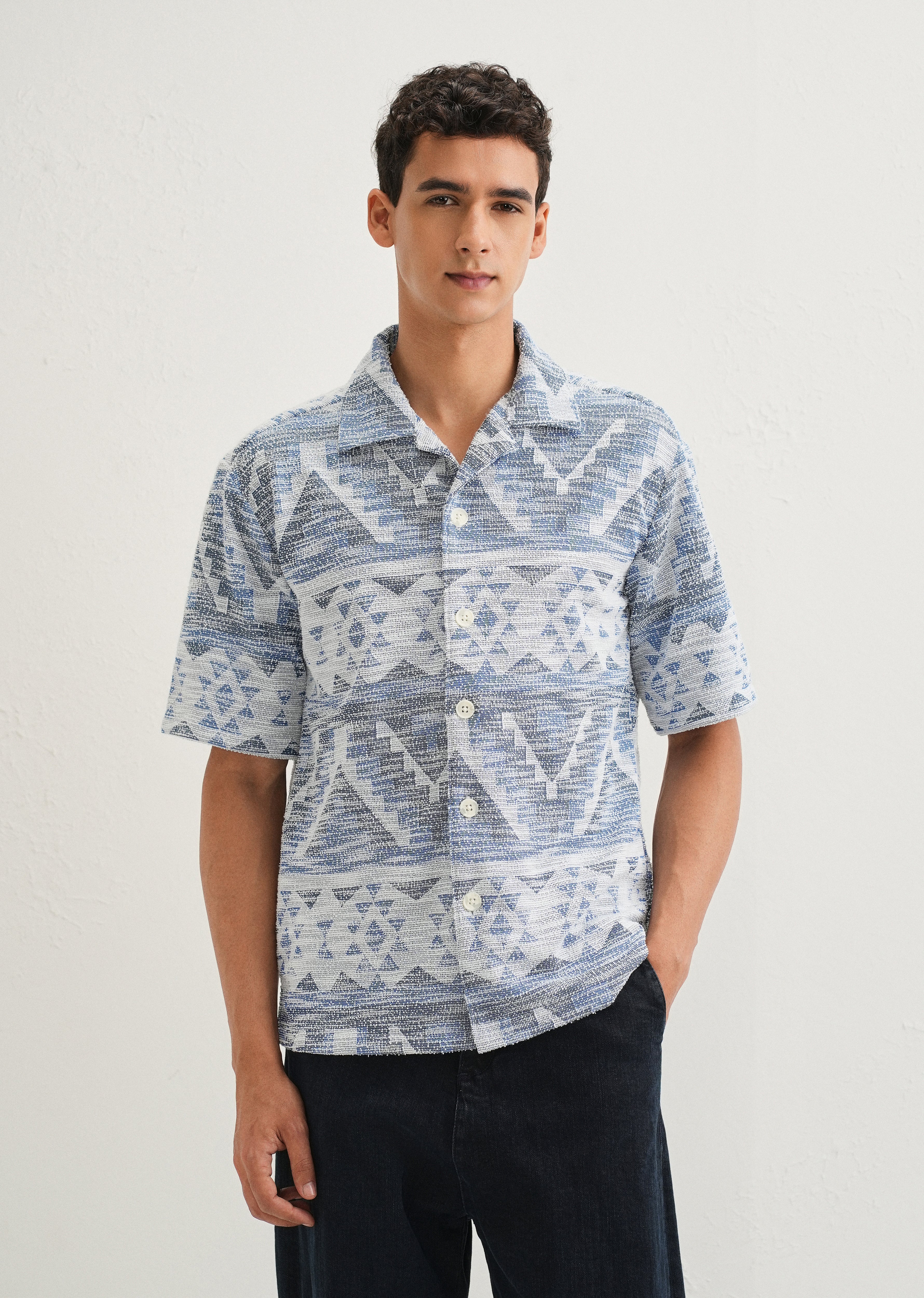 Blue Jacquard Knitted Shirt