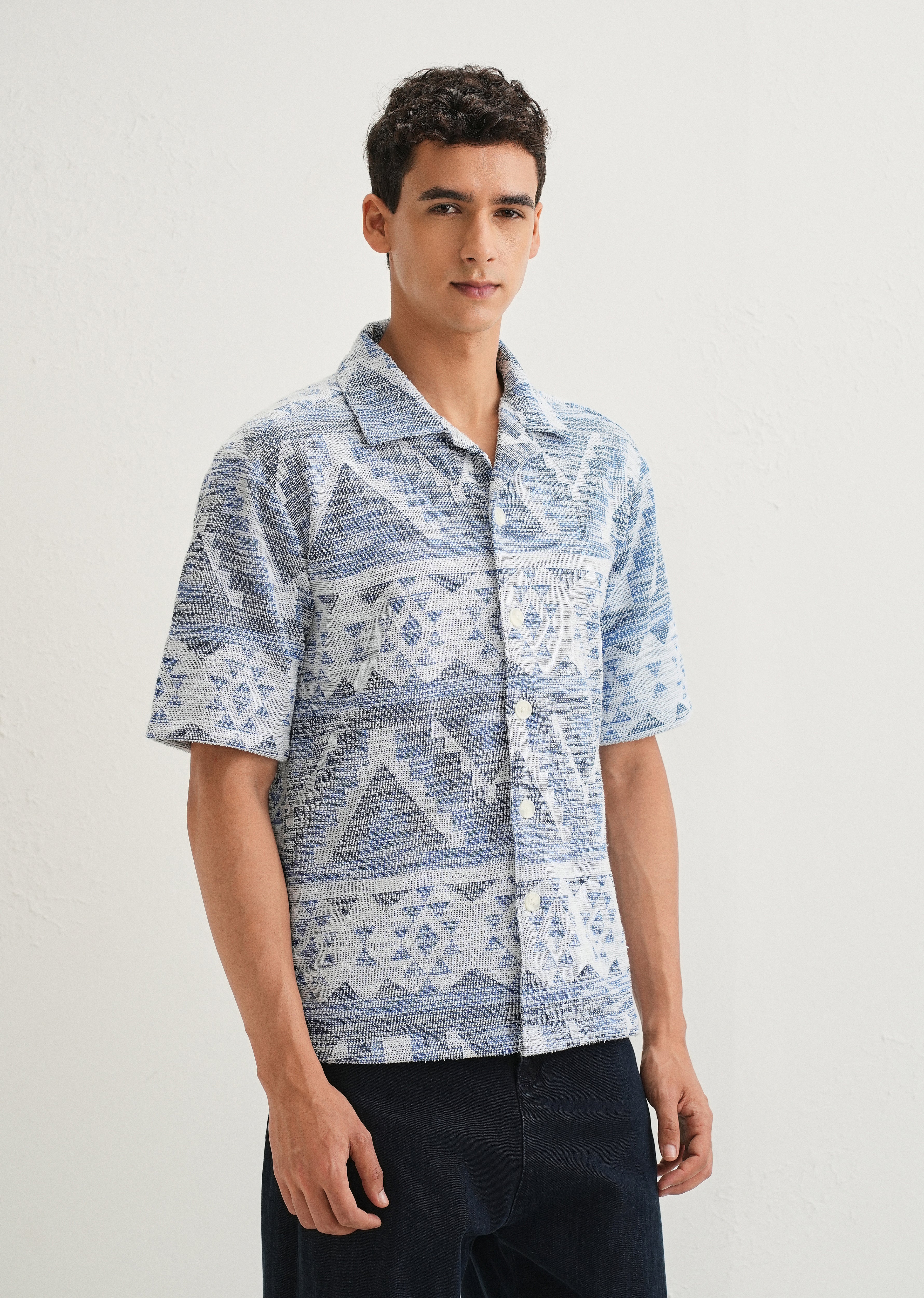Blue Jacquard Knitted Shirt