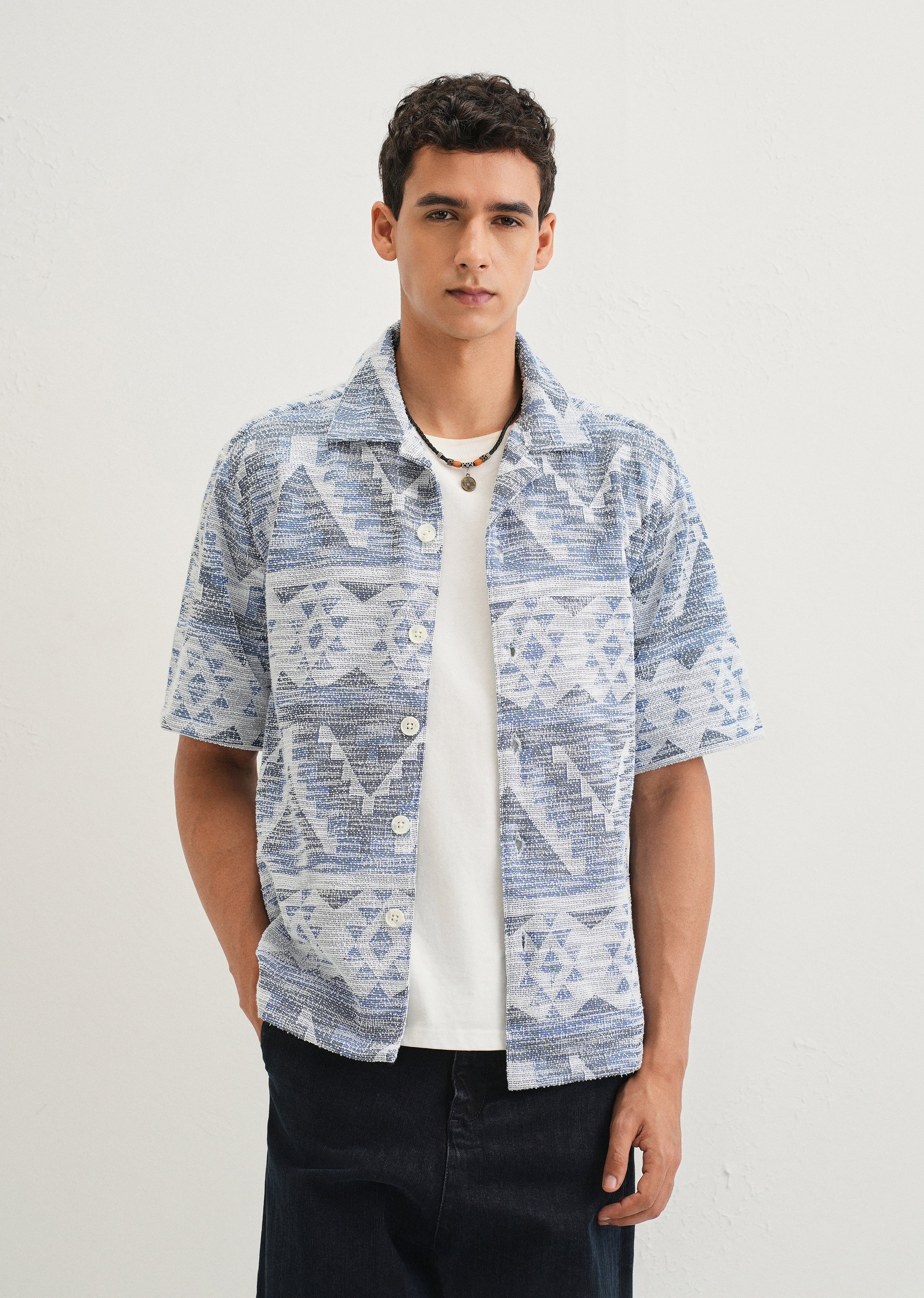 Blue Jacquard Knitted Shirt