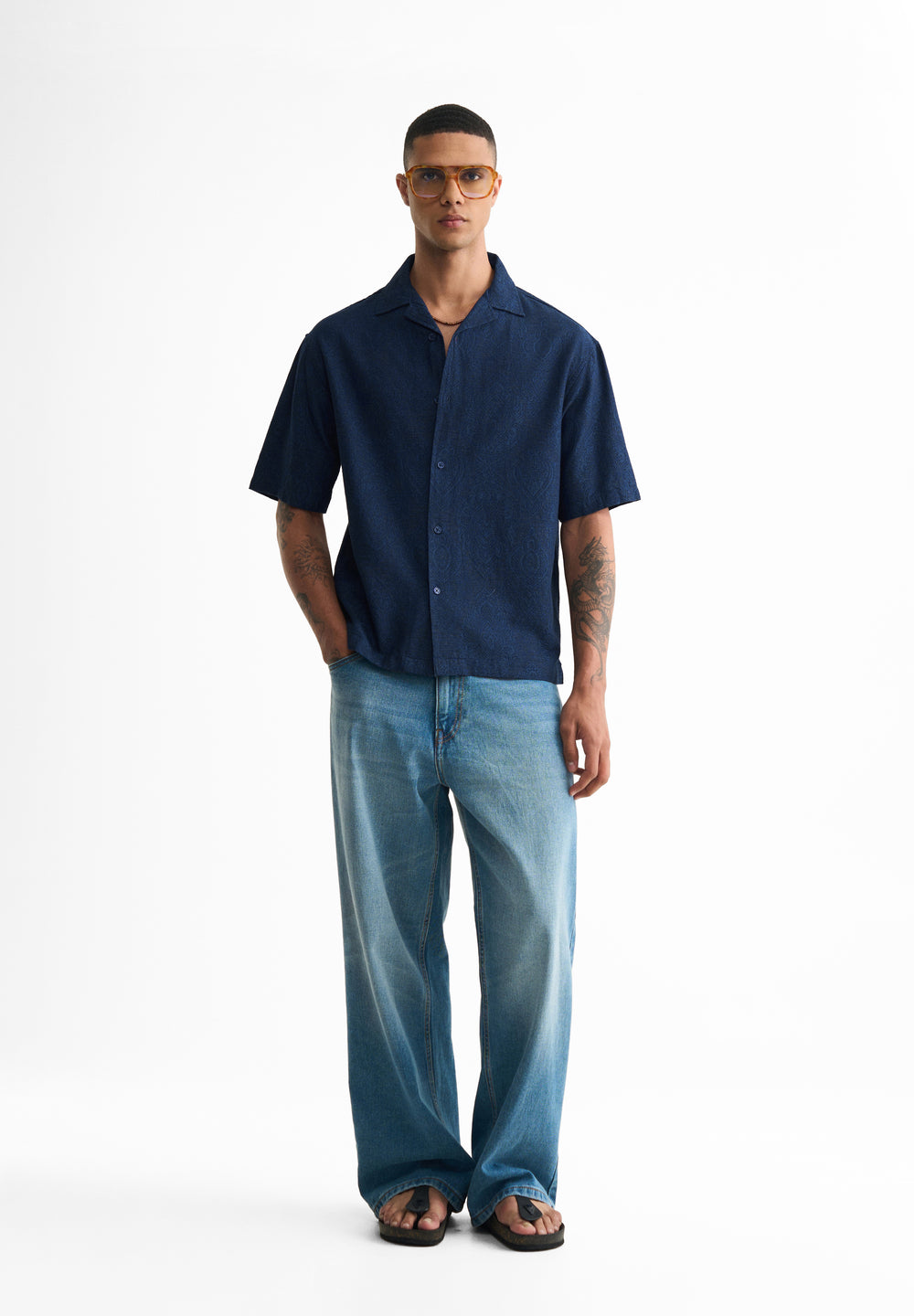 Blue Jacquard Pattern Boxy Shirt