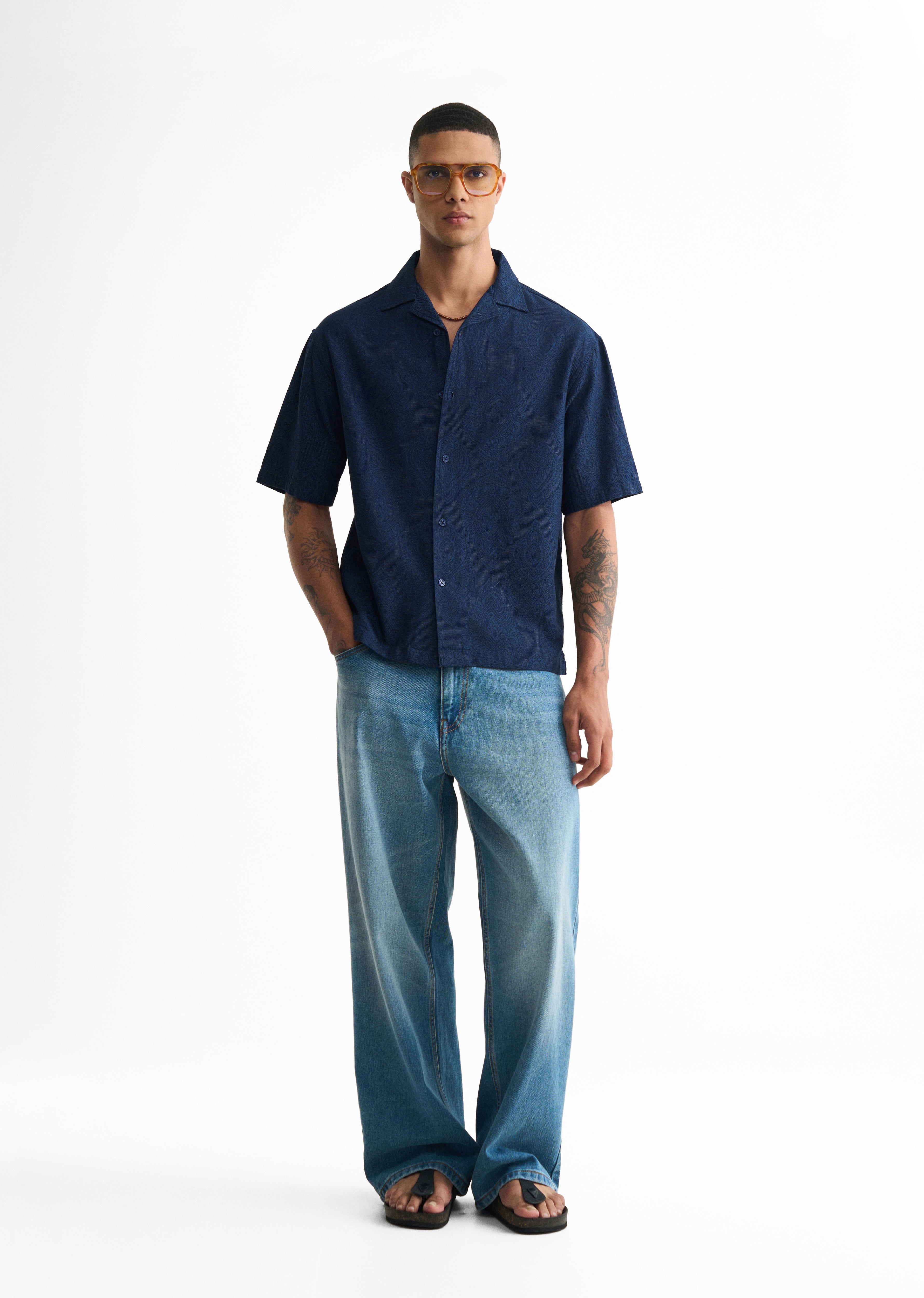 Blue Jacquard Pattern Boxy Shirt