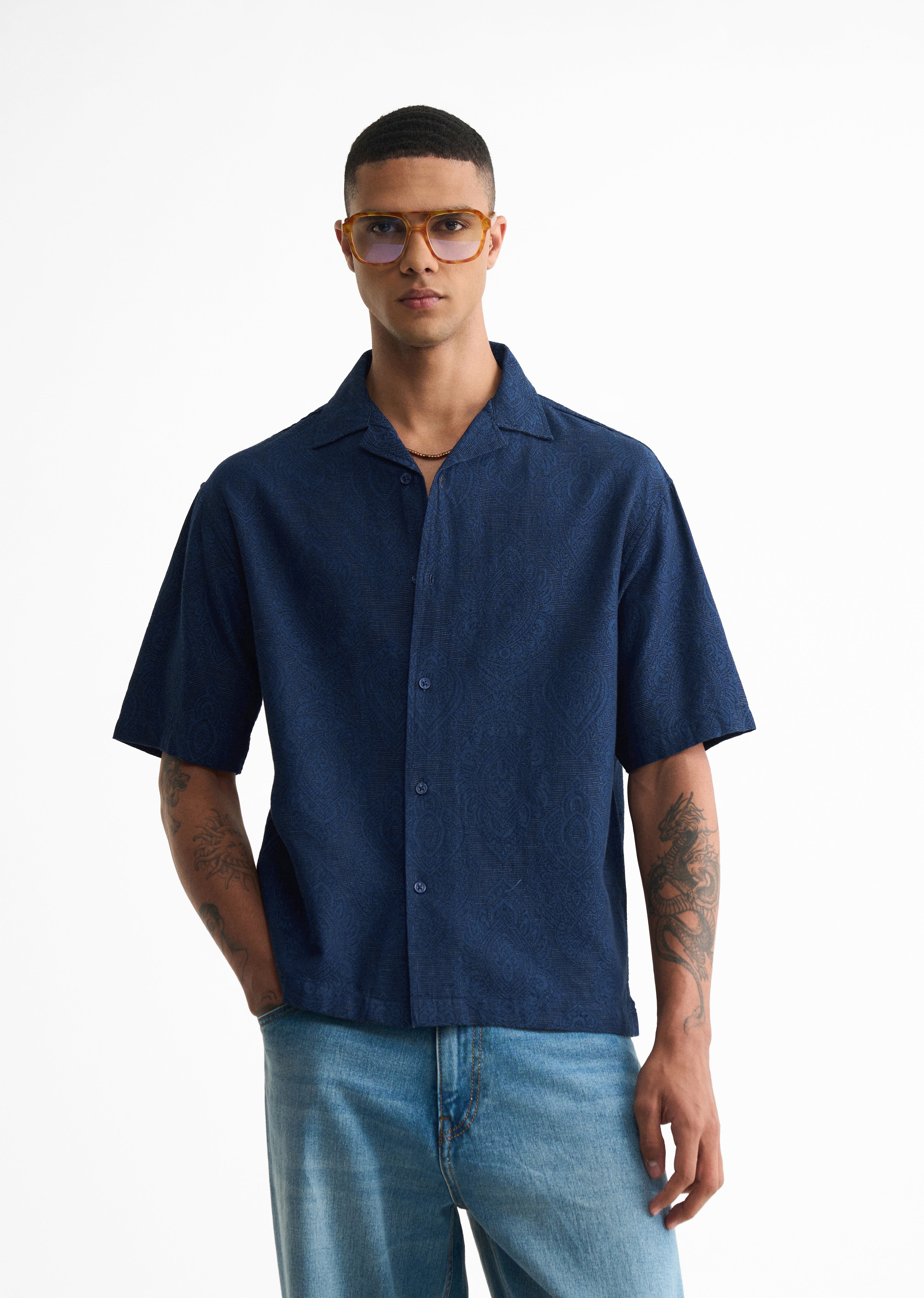 Blue Jacquard Pattern Boxy Shirt