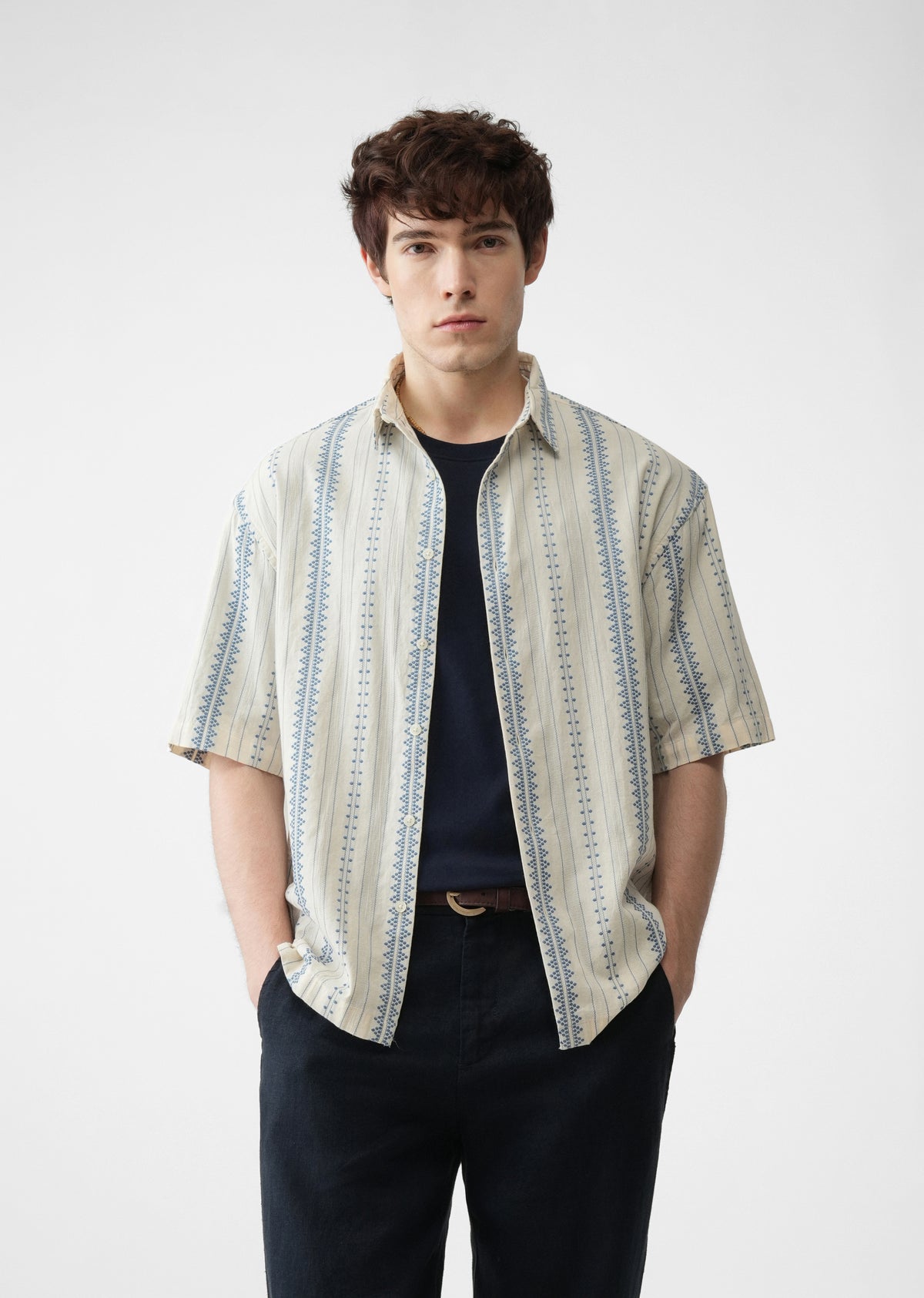 Dark Blue Jacquard Stripe Cotton Shirt