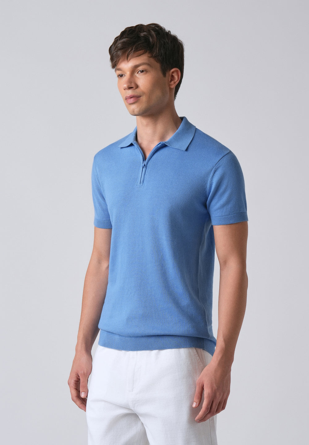 Light Blue Knitted Polo Zipper T-shirt