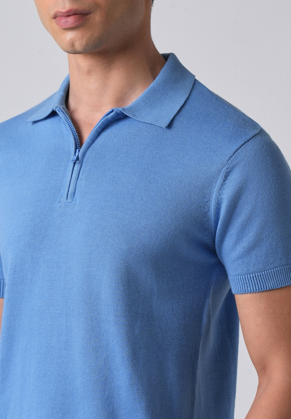 Light Blue Knitted Polo Zipper T-shirt