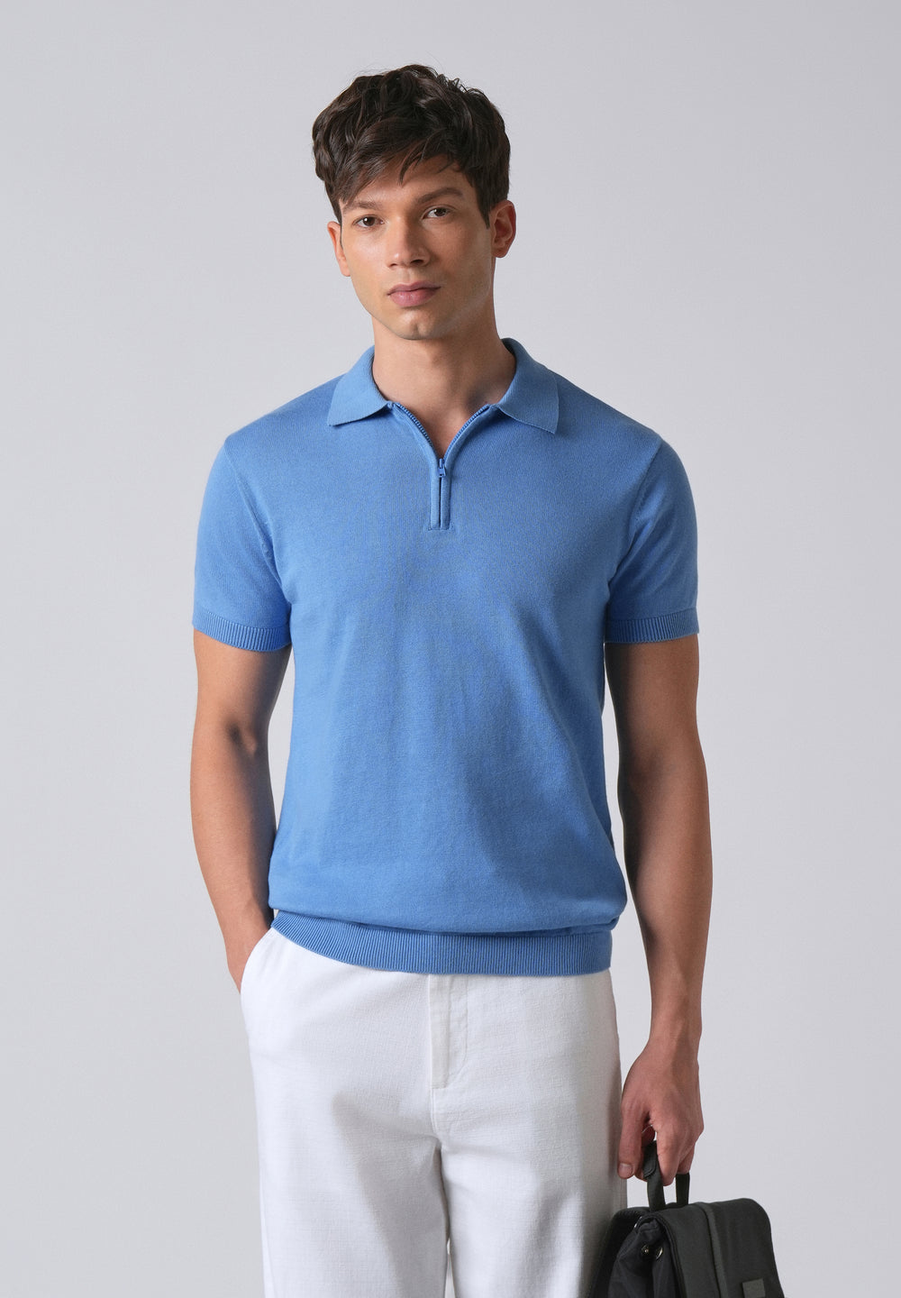 Light Blue Knitted Polo Zipper T-shirt