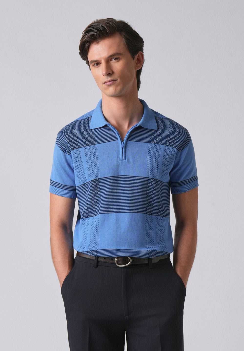Blue Knitted Polo Zipper T-shirt