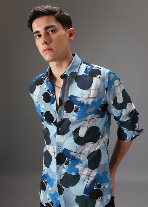 Blue Line Abstract Crushed Printed Shirt