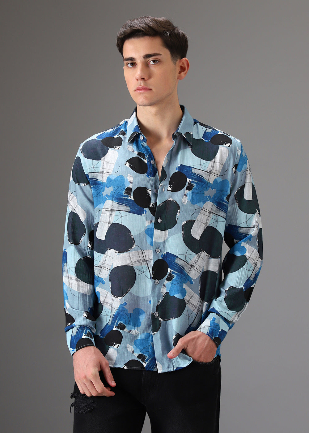 Blue Line Abstract Crushed Printed Shirt