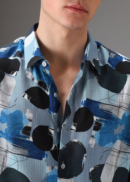 Blue Line Abstract Crushed Printed Shirt