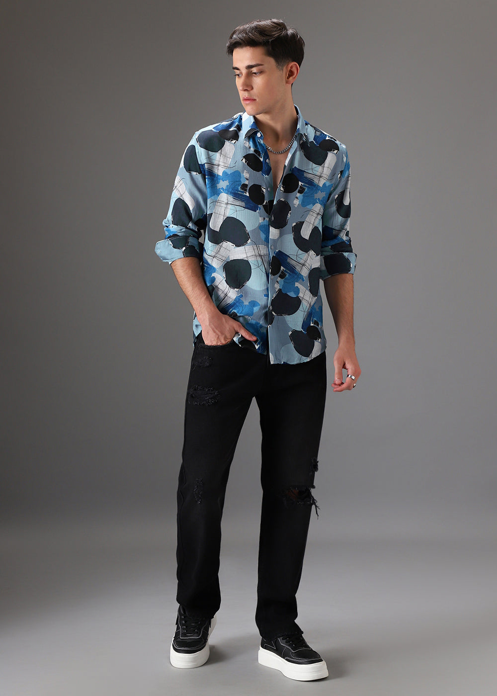 Blue Line Abstract Crushed Printed Shirt