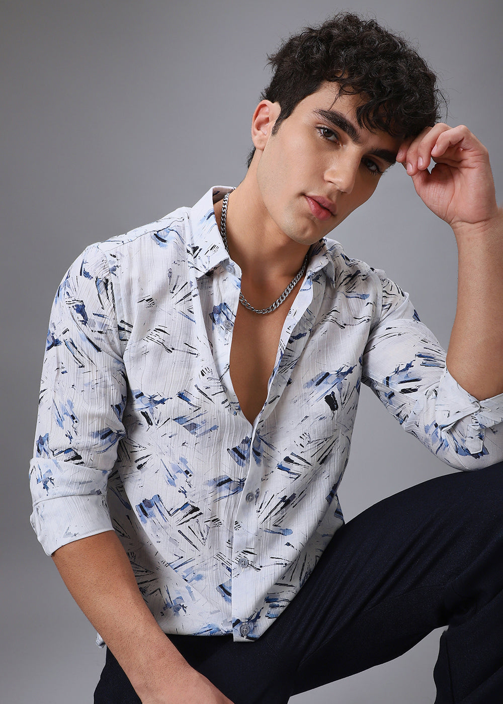 Blue Linear Crushed Printed Shirt